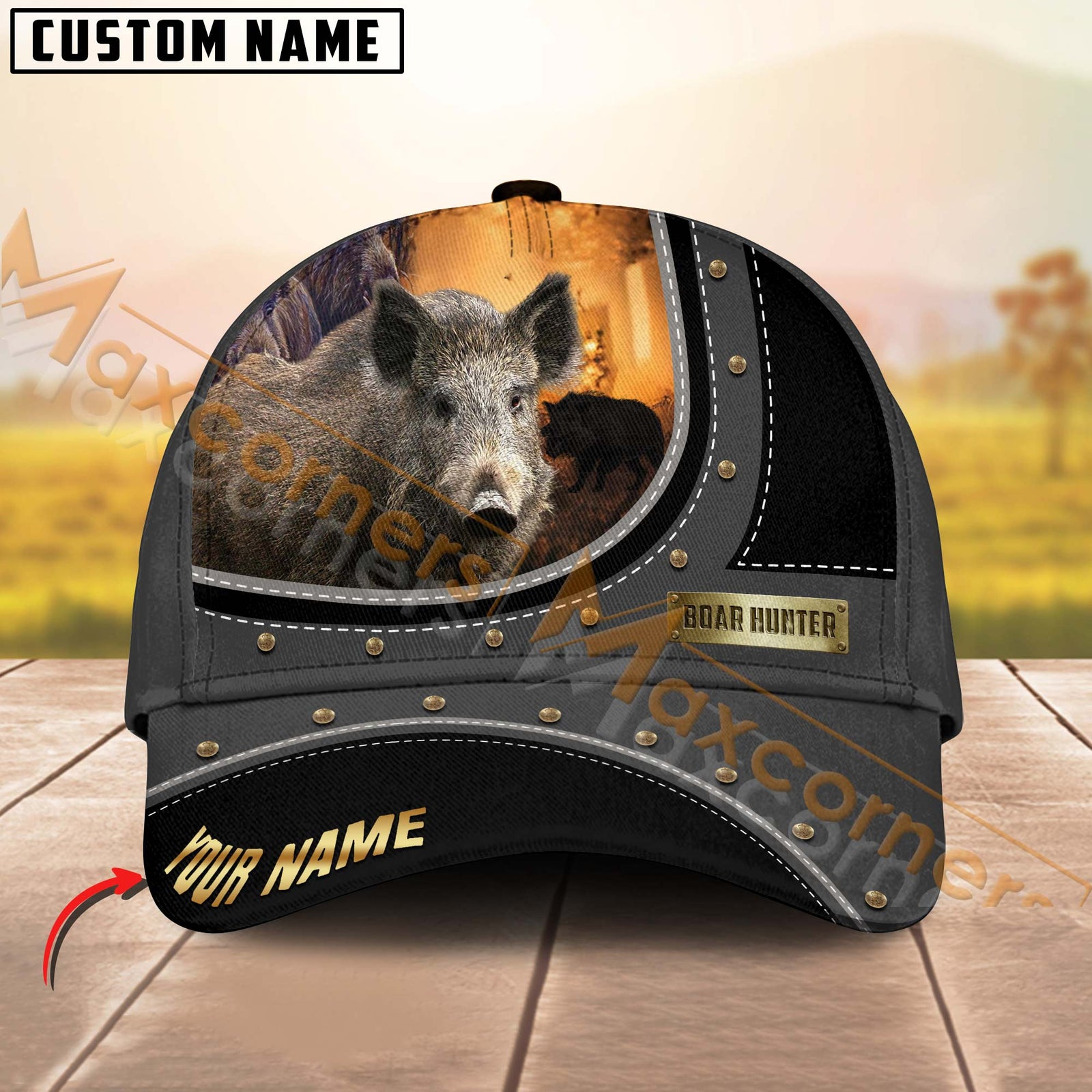 Blisscorners Boar Hunting Golden Tag Multicolor Personalized Name 3D Cap (2 colors)