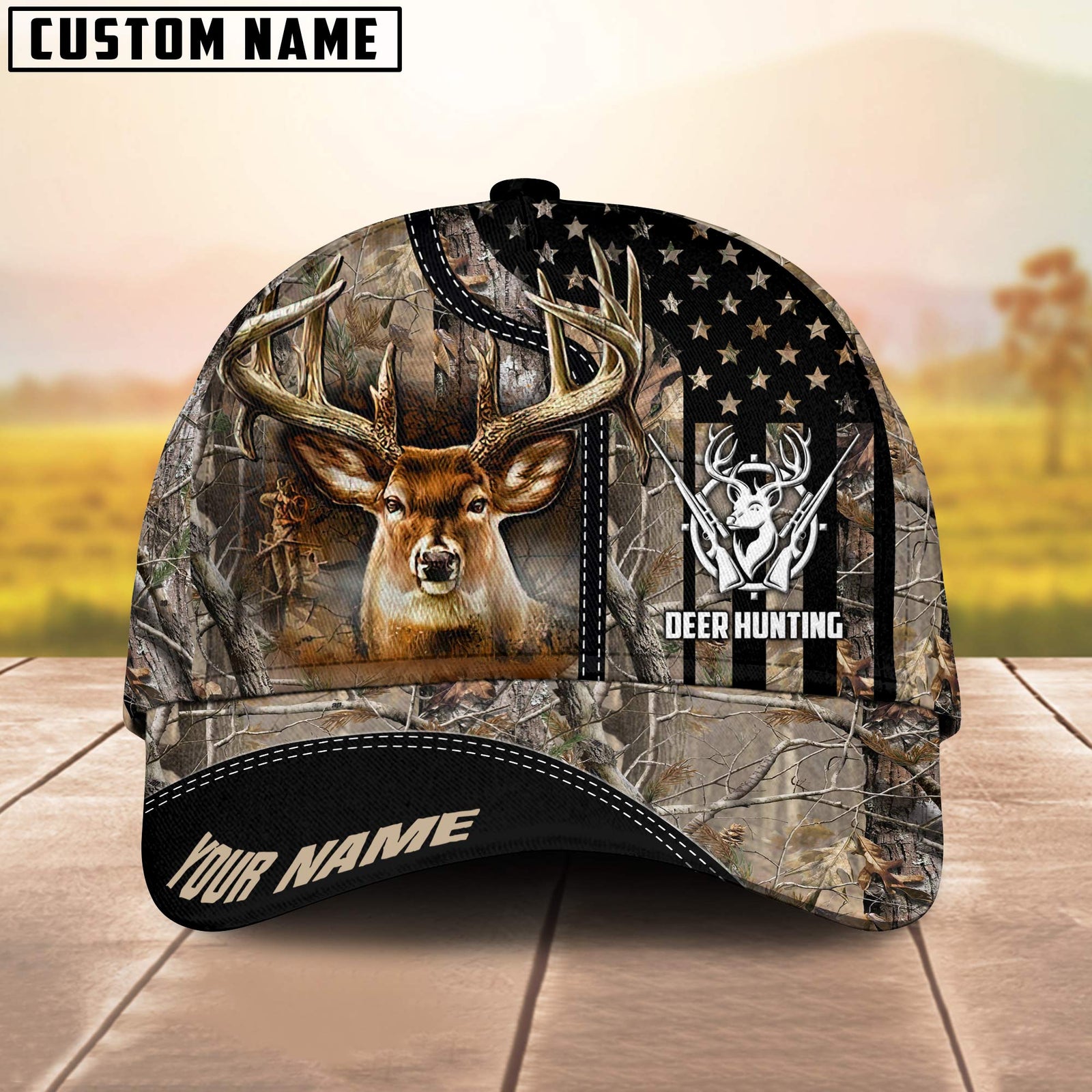 Blisscorners Deer Hunting American Flag Camo Pattern Multicolor Personalized Name 3D Cap (4 colors)