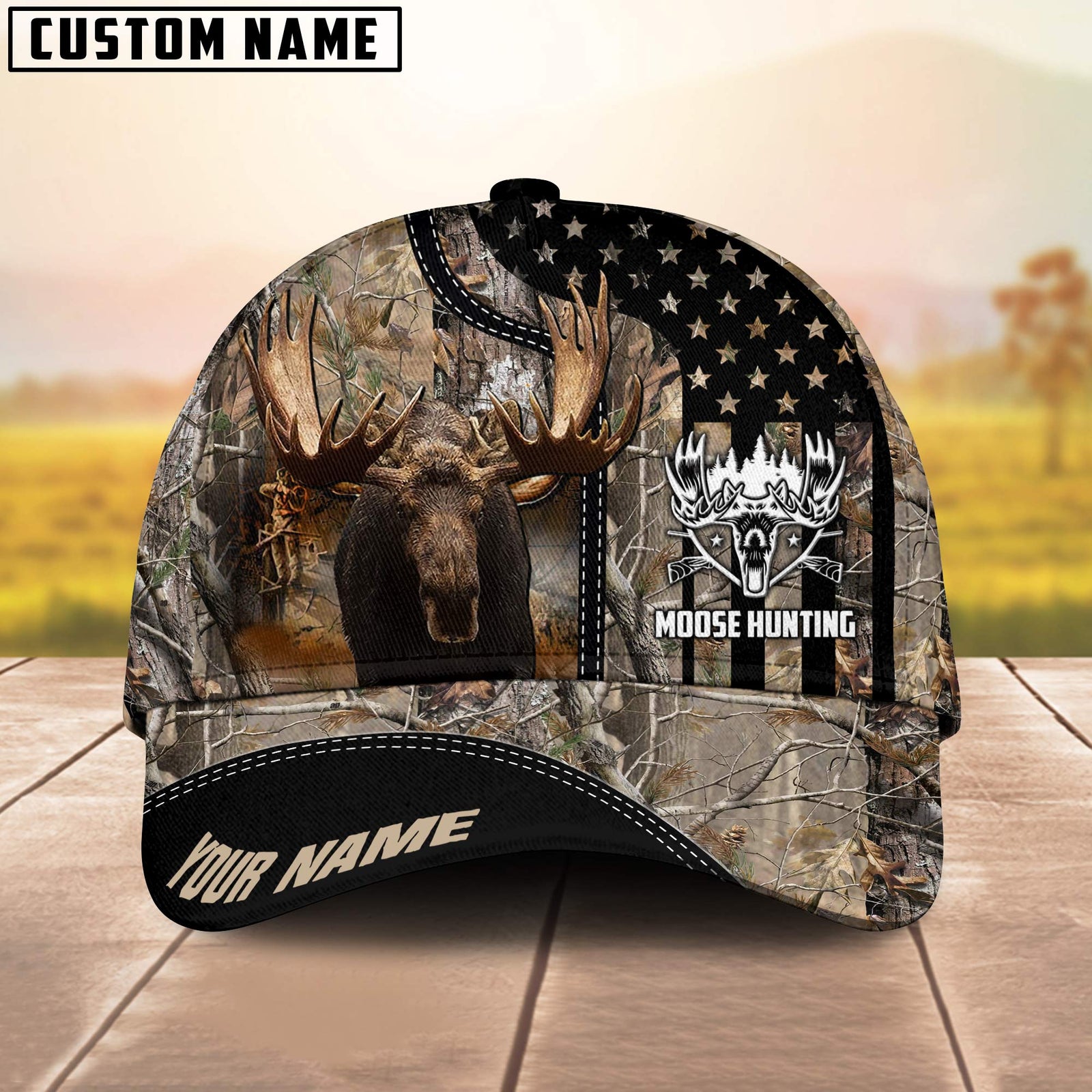 Blisscorners Moose Hunting American Flag Camo Pattern Multicolor Personalized Name 3D Cap (4 colors)