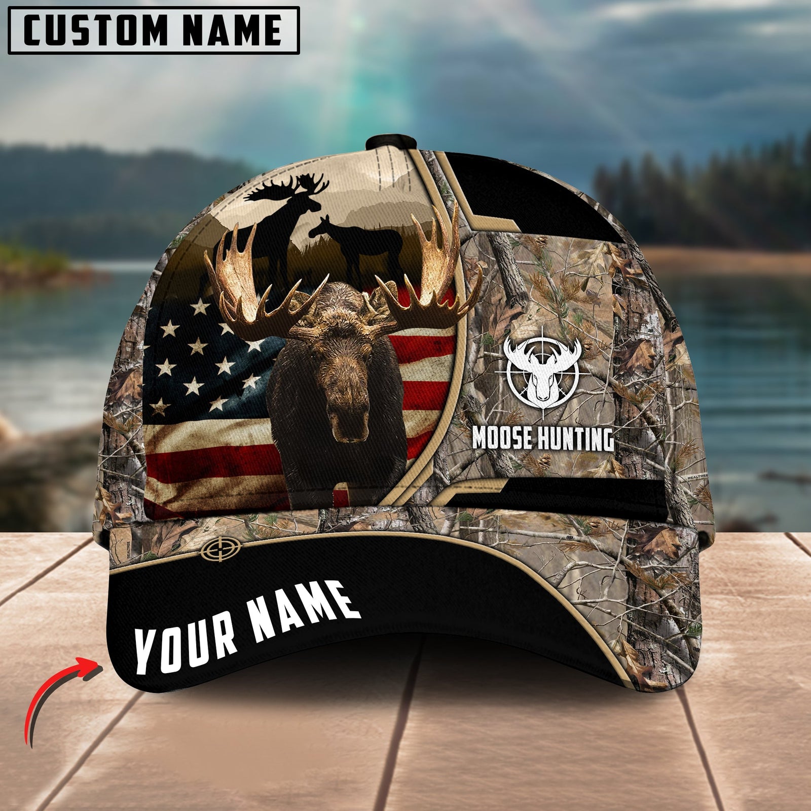 Blisscorners Moose Hunting American Flag Pattern Multicolor Personalized Name 3D Cap (4 colors)