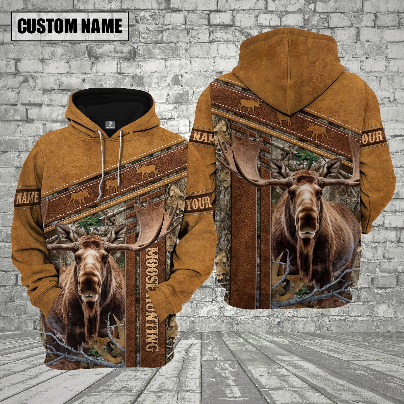 Blisscorners Moose Hunting Leather Pattern Custom Name Shirt 3D All Over Printed Clothes