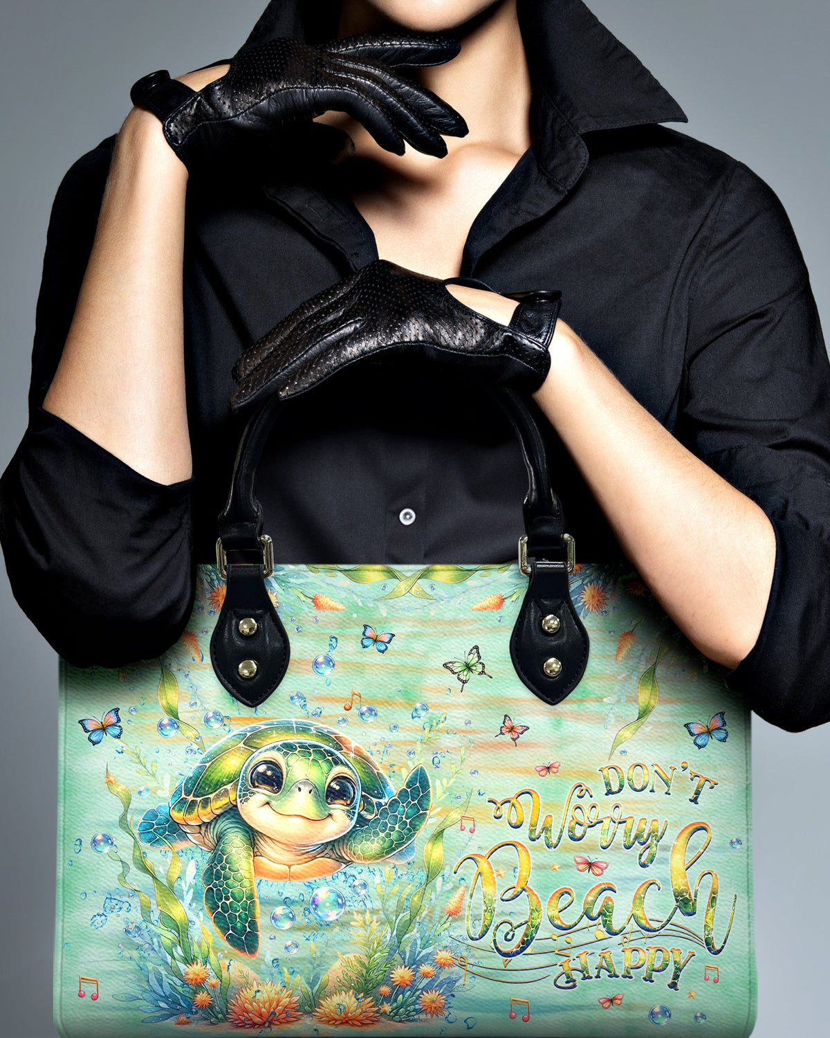 BLISSCORNERS DON'T WORRY BEACH HAPPY TURTLE LEATHER HANDBAG