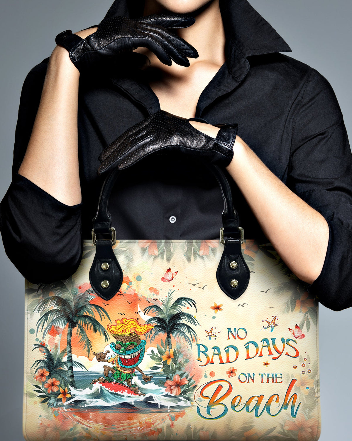 BLISSCORNERS NO BAD DAYS ON THE BEACH TIKI LEATHER HANDBAG