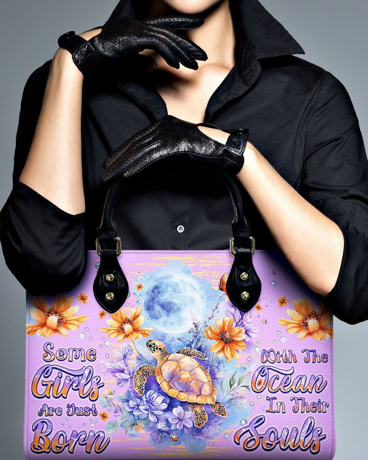 BLISSCORNERS SOME GIRLS ARE JUST BORN TURLTE WATERCOLOR LEATHER HANDBAG