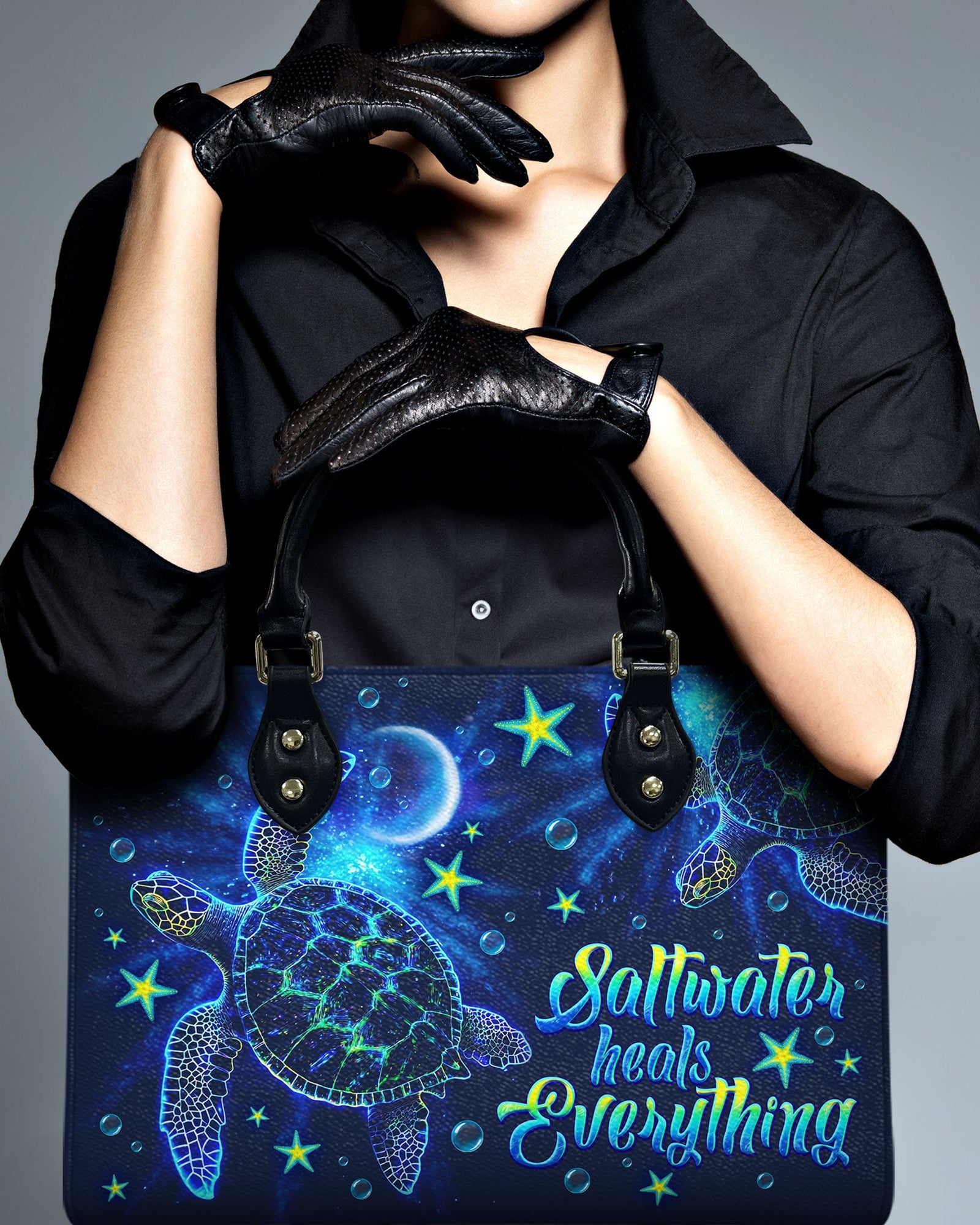 BLISSCORNERS SALTWATER HEALS EVERYTHING TURTLE  LEATHER HANDBAG