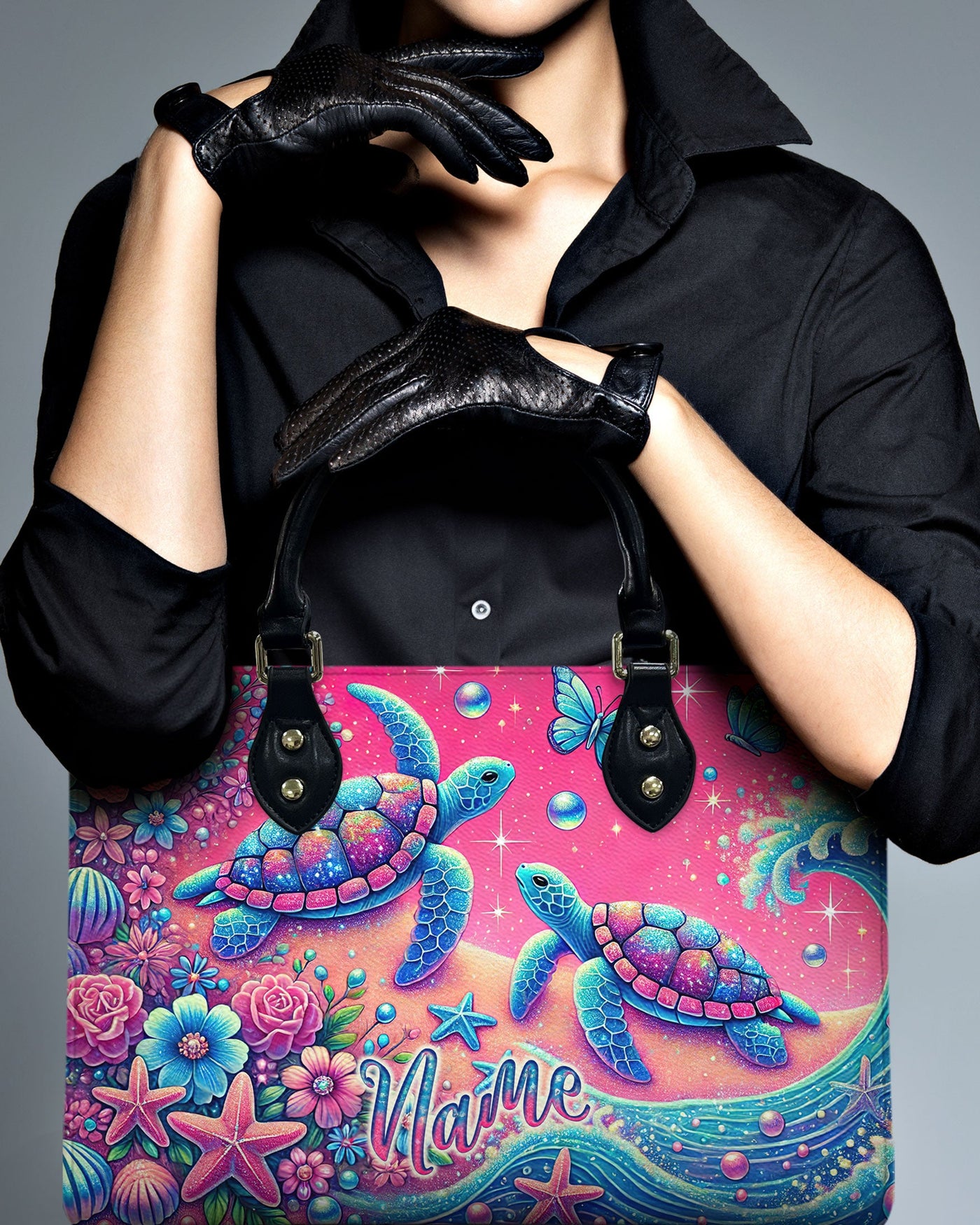 BLISSCORNERS TURTLE ON BEACH LEATHER HANDBAG