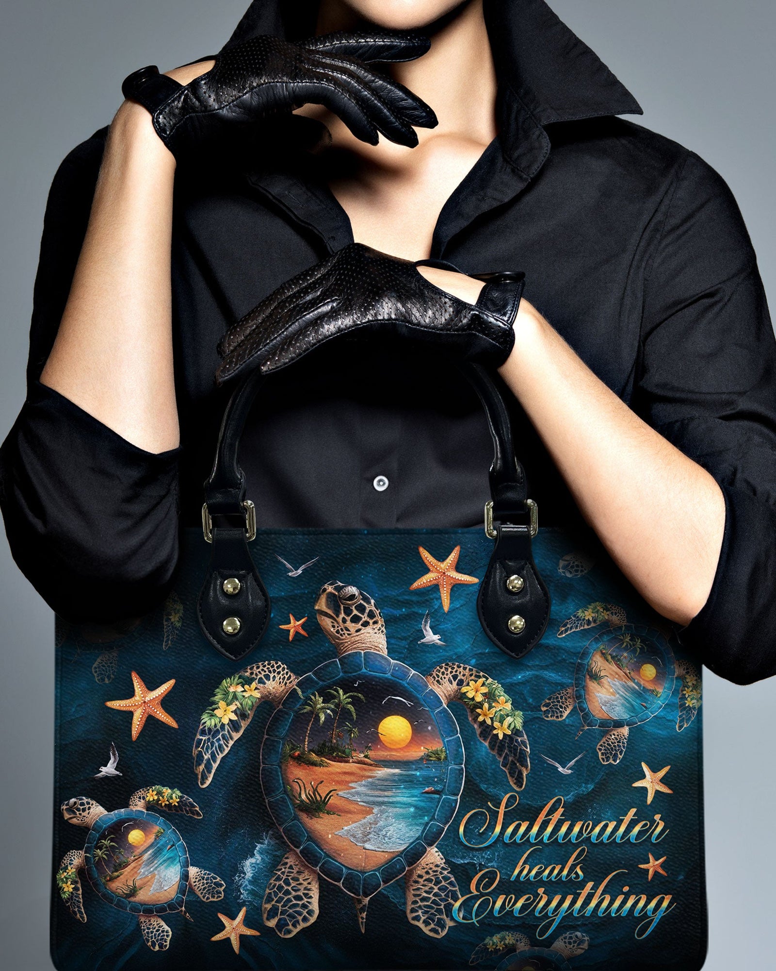 BLISSCORNERS SALTWATER HEALS EVERYTHING TURTLE LEATHER HANDBAG