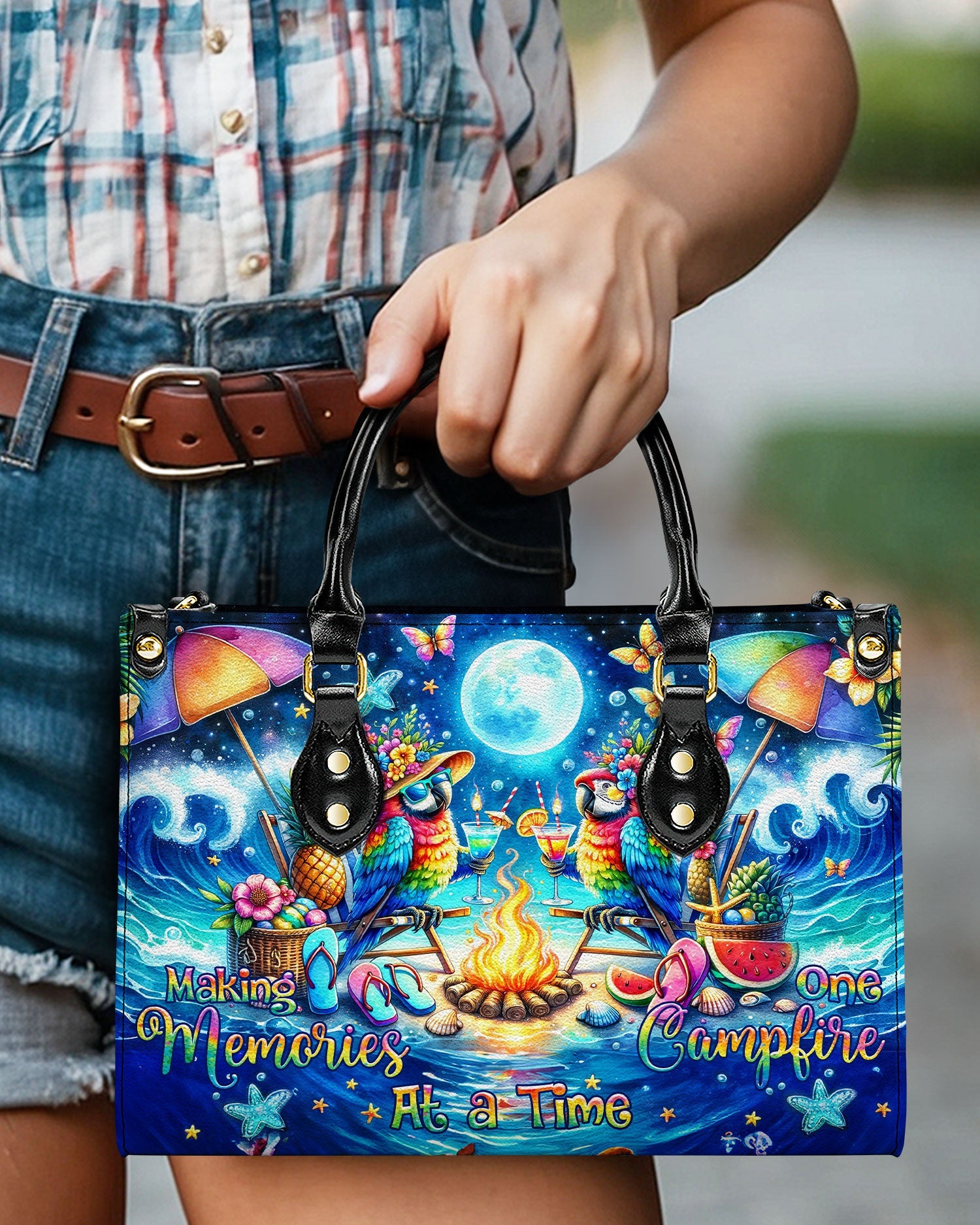 BLISSCORNERS MAKING MEMORIES ONE CAMPFIRE AT A TIME PARROT LEATHER HANDBAG