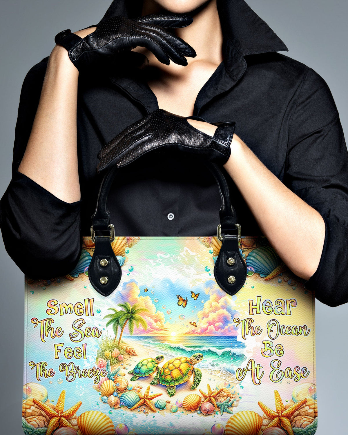 BLISSCORNERS SMELL THE SEA FEEL THE BREEZE TURTLE LEATHER HANDBAG