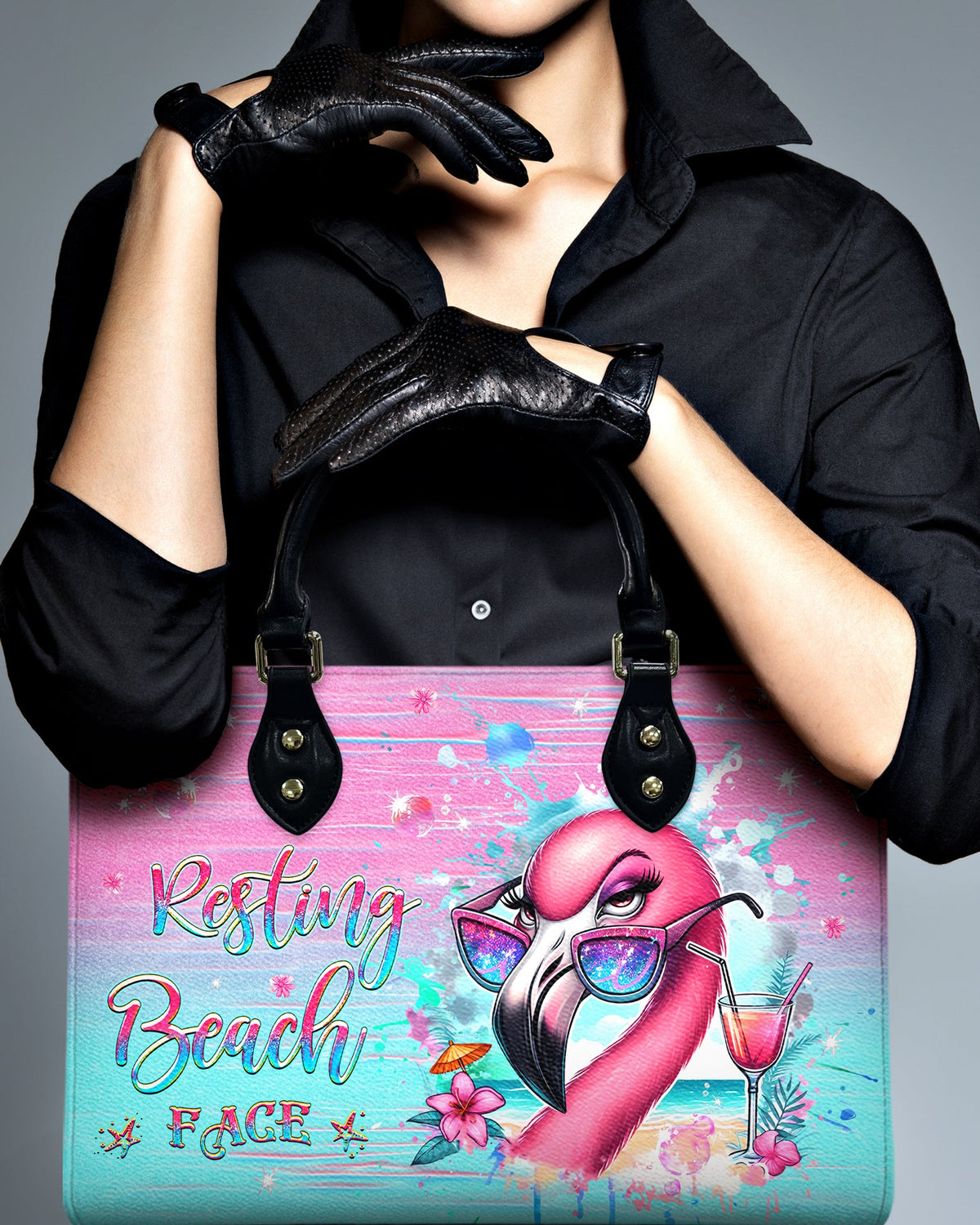 BLISSCORNERS RESTING BEACH FACE FLAMINGO LEATHER HANDBAG