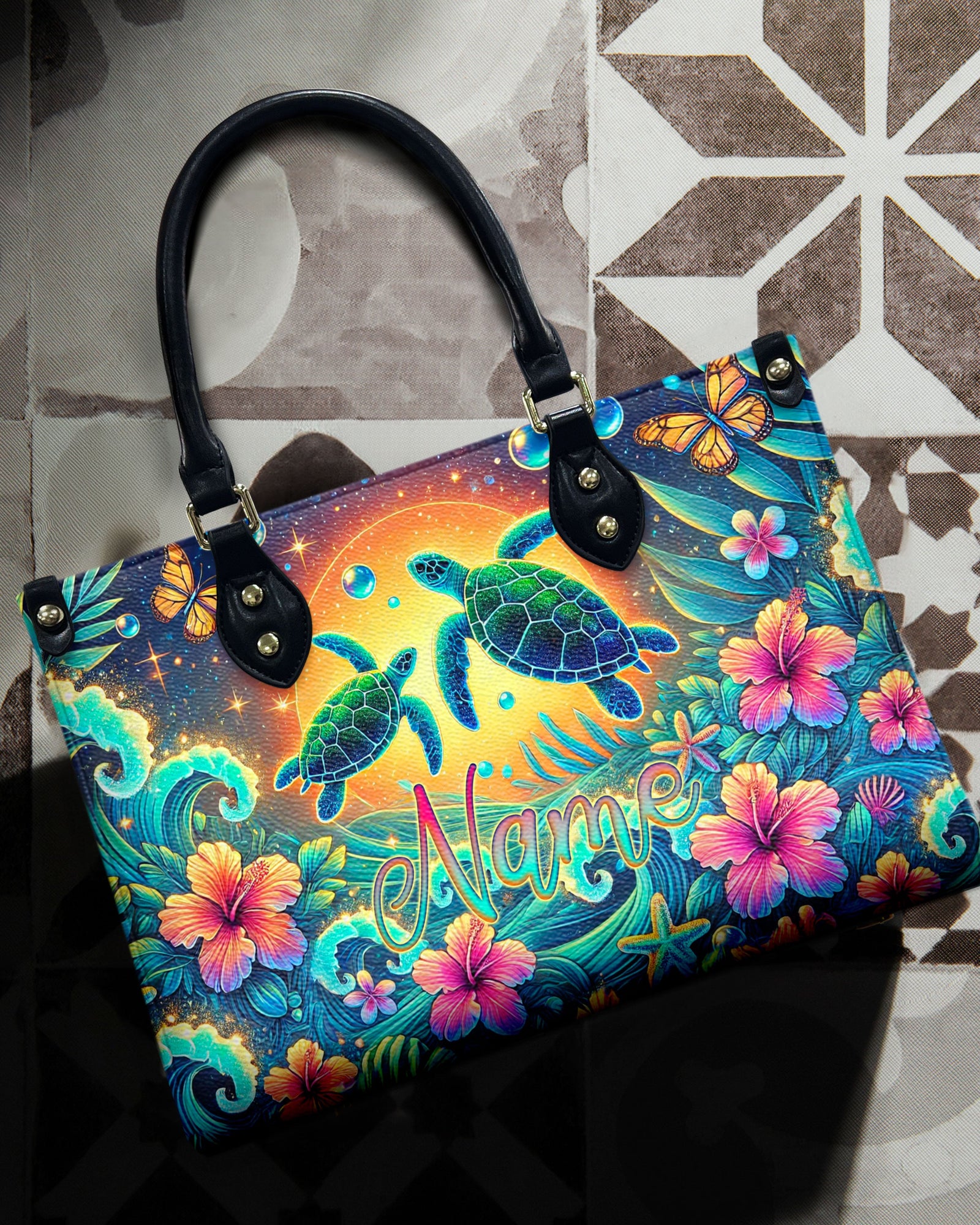 BLISSCORNERS SEA TURTLE FLOWER LEATHER HANDBAG