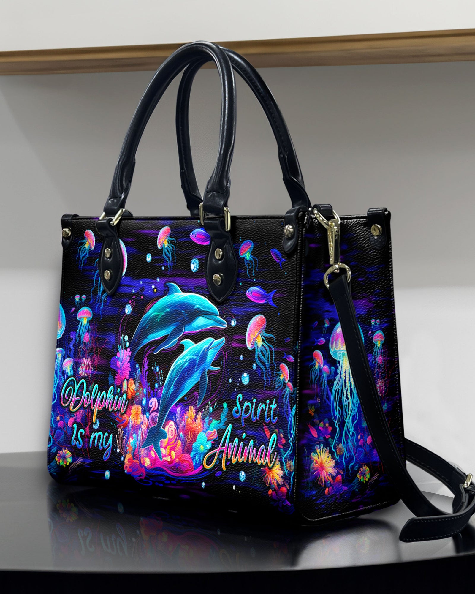 BLISSCORNERS DOLPHIN IS MY SPIRIT ANIMAL LEATHER HANDBAG