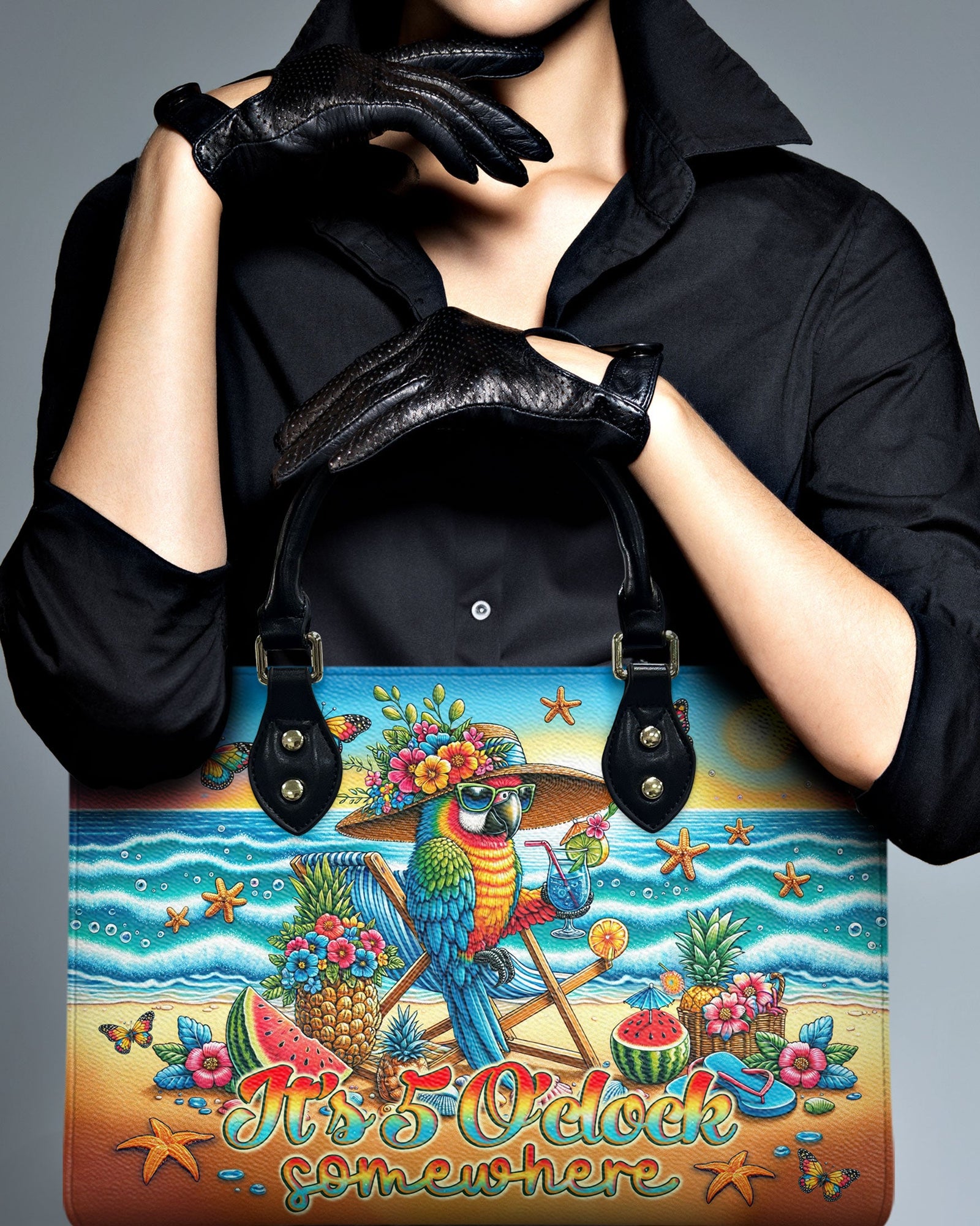 BLISSCORNERS IT'S 5 O'CLOCK SOMEWHERE PARROT LEATHER HANDBAG
