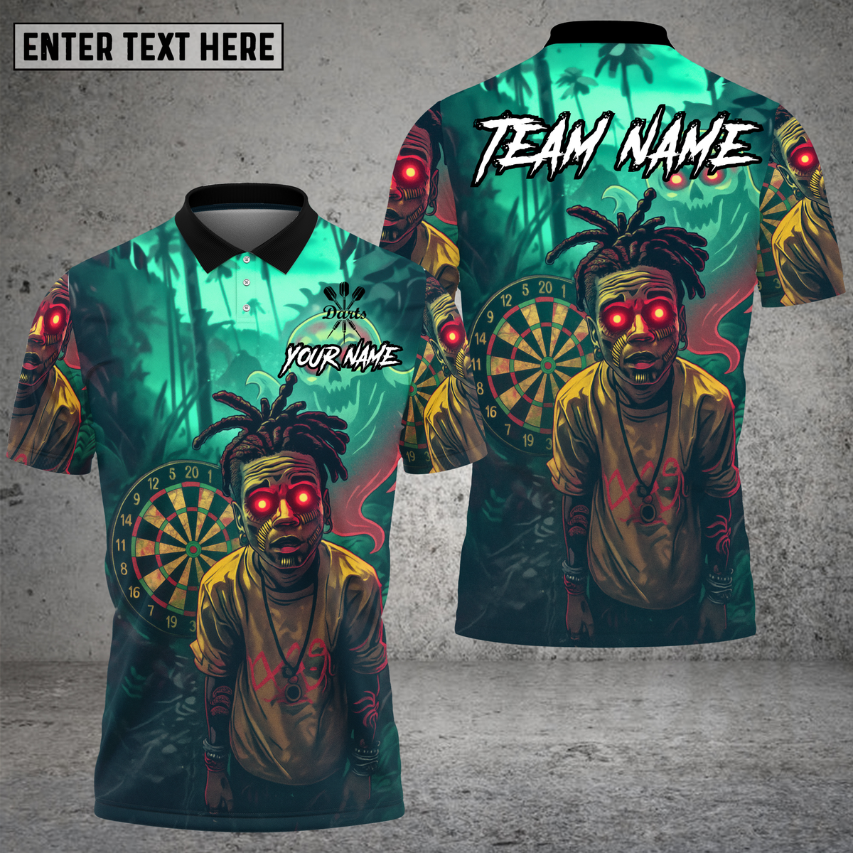 Blisscorners Zombie Darts Shirt Glowing-Eyed Jungle Zombie with Back Dartboard Multioptions Personalized Name, Team Name Unisex 3D Shirt