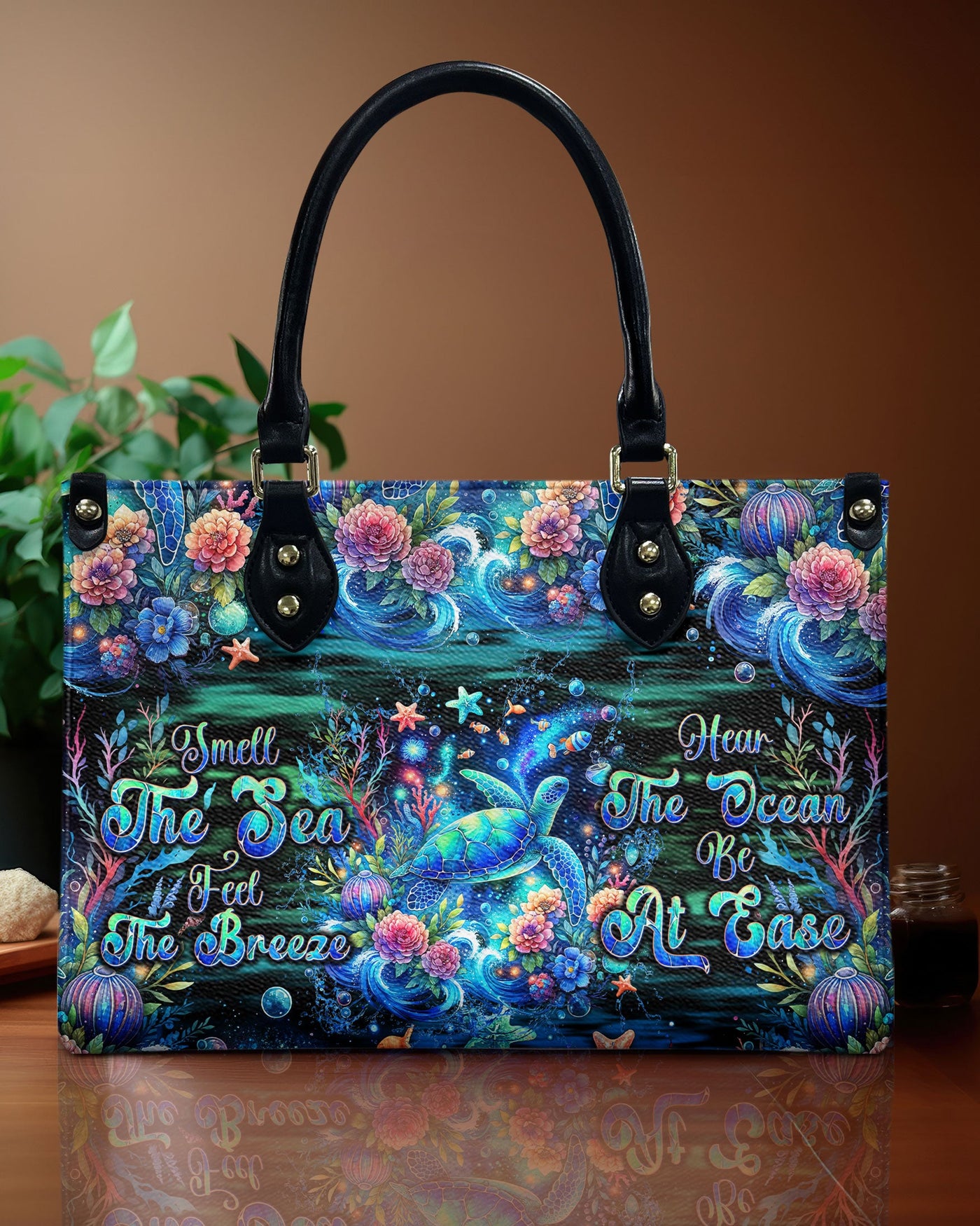 BLISSCORNERS SMELL THE SEA FEEL THE BREEZE TURTLE LEATHER HANDBAG