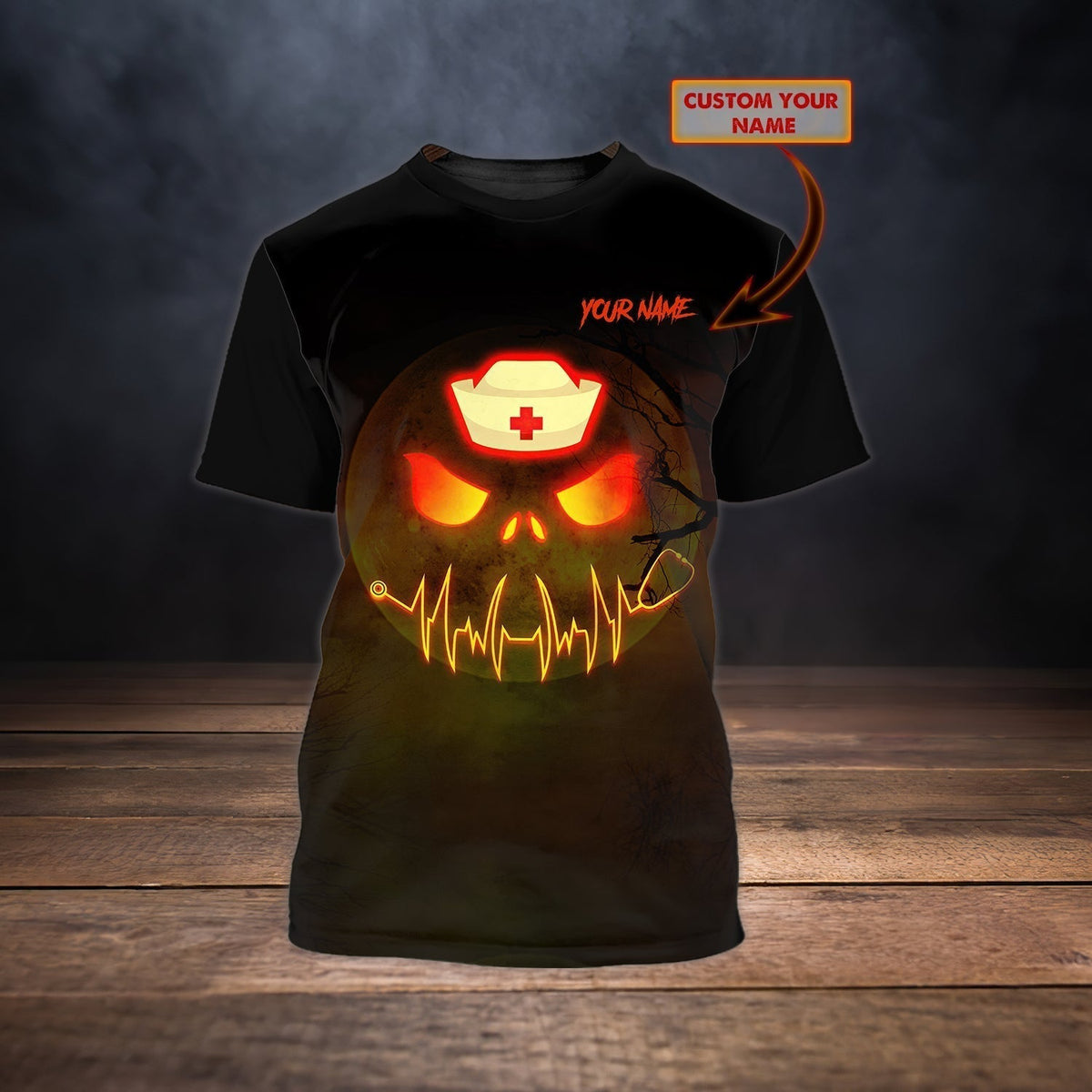 Blisscorners Personalized 3D All Over Printed Nurse Shirts Halloween Nurse Shirt Pumpkin Heart Beat Nurse T Shirt