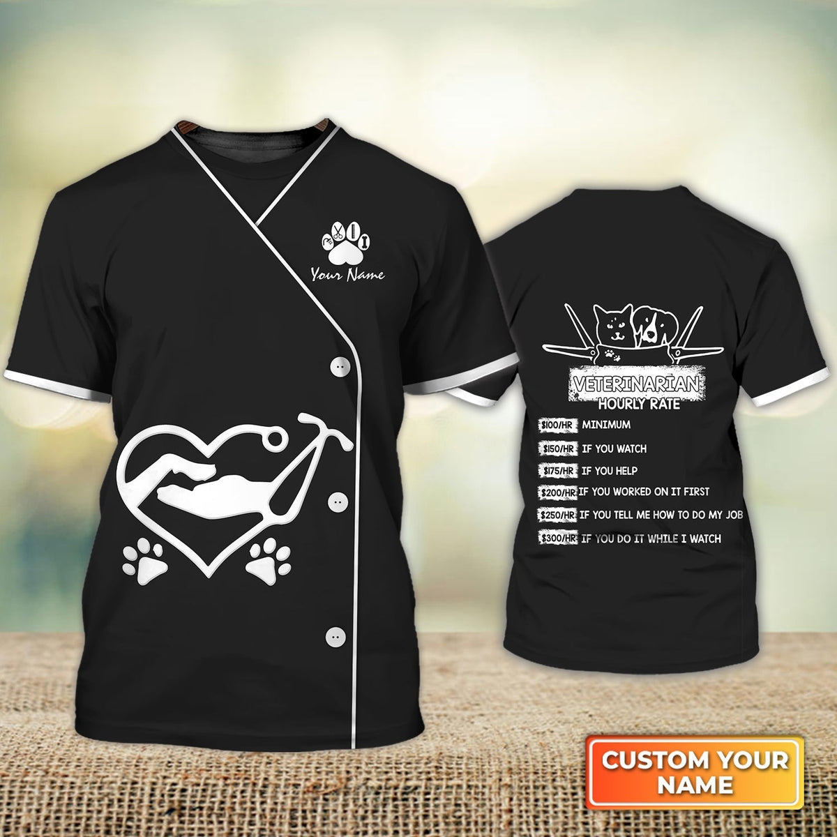 Blisscorners Custom Name Veterinarian Uniform Shirt Hourly Rate Veterinarian Black Tee Shirts Men Women
