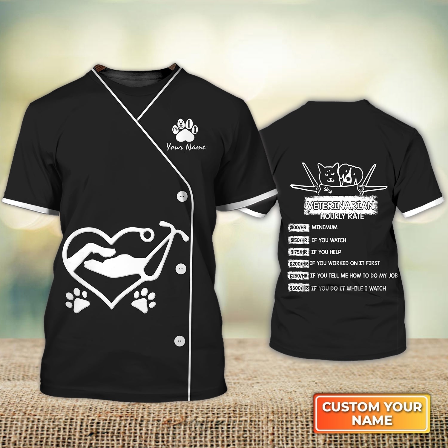 Blisscorners Custom Name Veterinarian Uniform Shirt Hourly Rate Veterinarian Black Tee Shirts Men Women