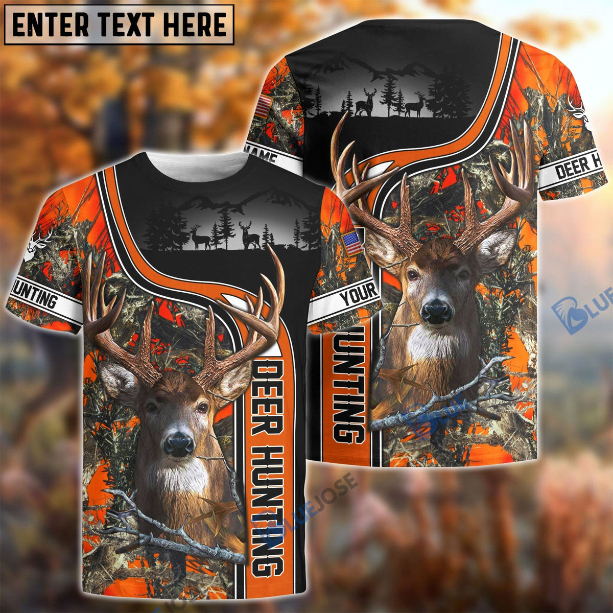 Blisscorners Personalized Name Deer US Flag Orange Hunting Pattern 3D Shirts