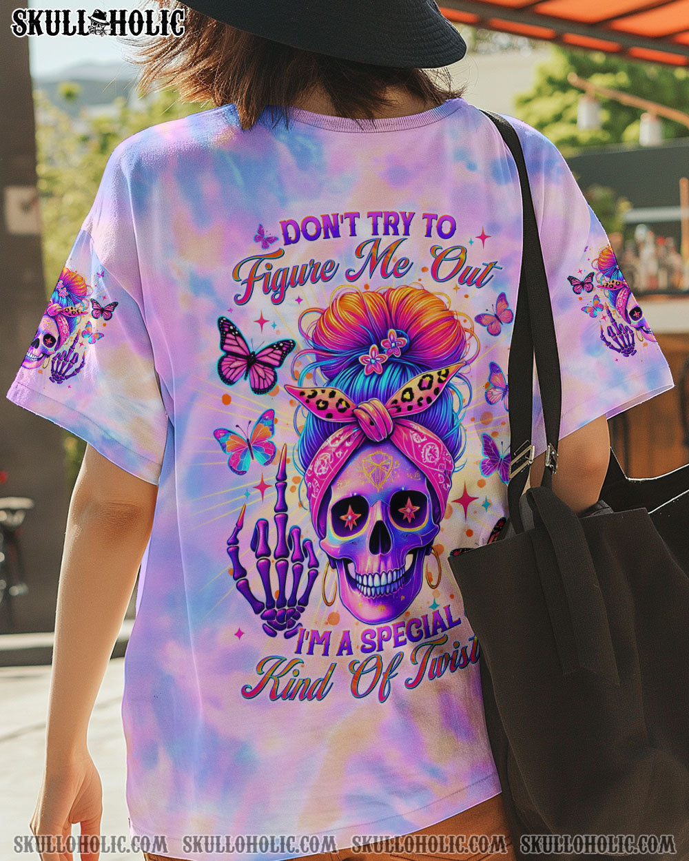 BLISSCORNERS DON'T TRY TO FIGURE ME OUT SKULL MESSY BUN TIE DYE ALL OVER PRINT