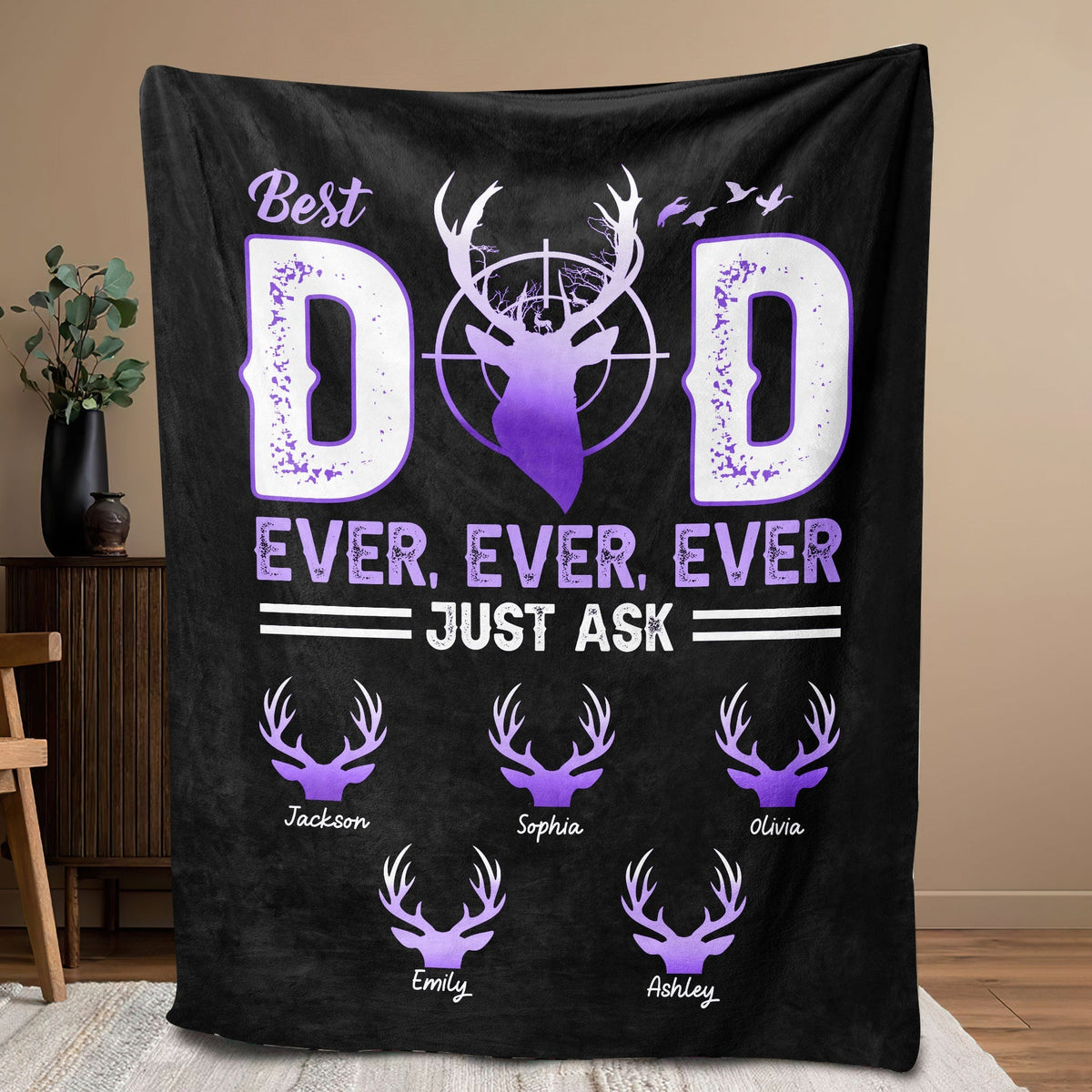 Blisscorners Personalized Hunting Dad Blanket, Best Dad Ever Blanket, Custom Soft Cozy Sherpa Fleece Throw Blanket, Father's Day Gift for Dad, Grandpa | Purple LM1711