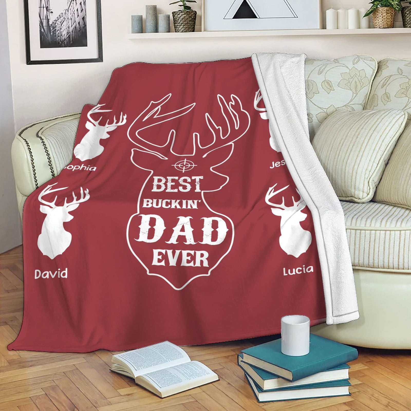 Blisscorners Personalized Hunting Dad Blanket, Custom Kid's Names Soft Cozy Sherpa Fleece Throw Blankets, Best Buckin Dad Ever, Gift for Dad, Grandpa | Red

 LM1711