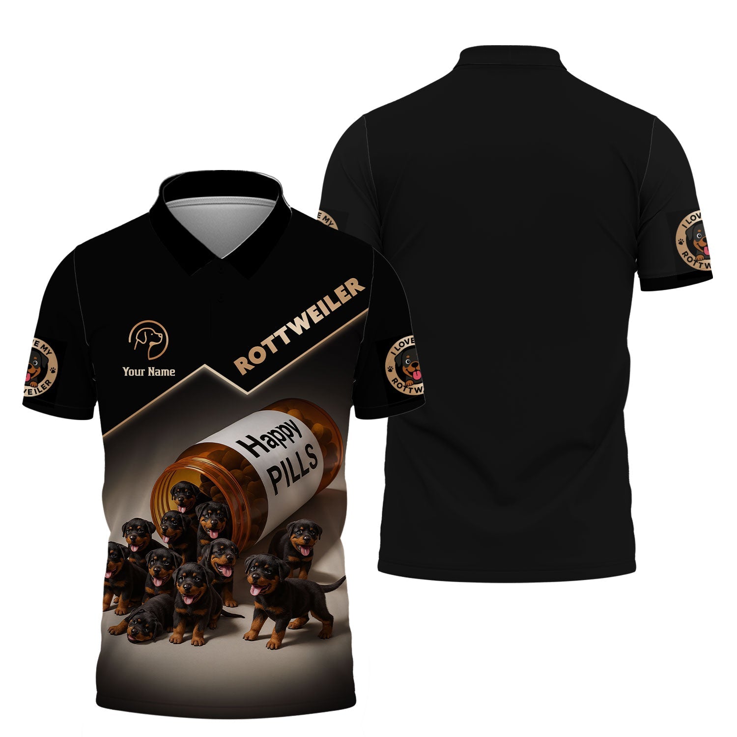 Blisscorners Personalized Rottweiler Puppies Happy Pills AOP T-Shirt