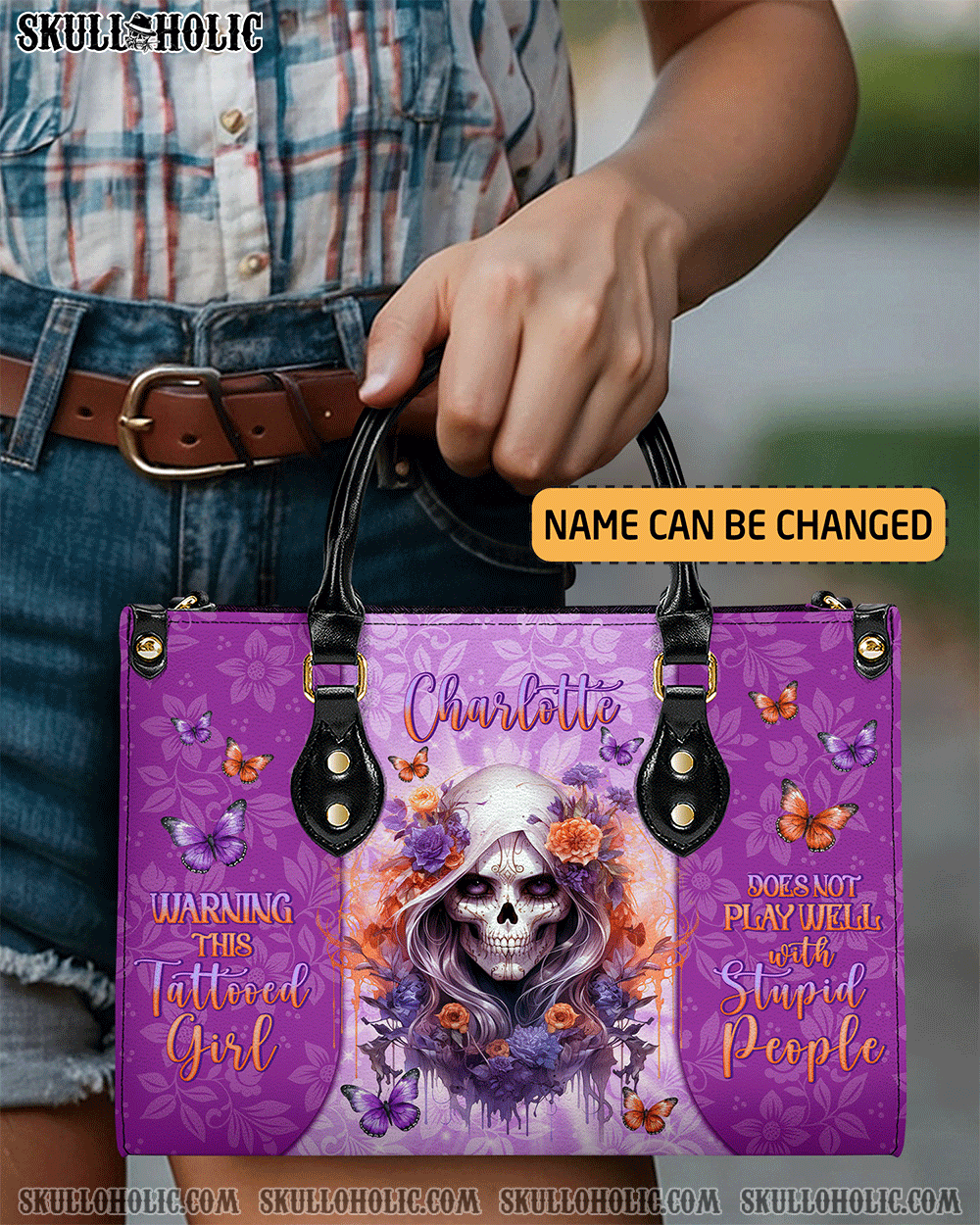 BLISSCORNERS WARNING THIS TATTOOED GIRL SKULL LADY LEATHER HANDBAG