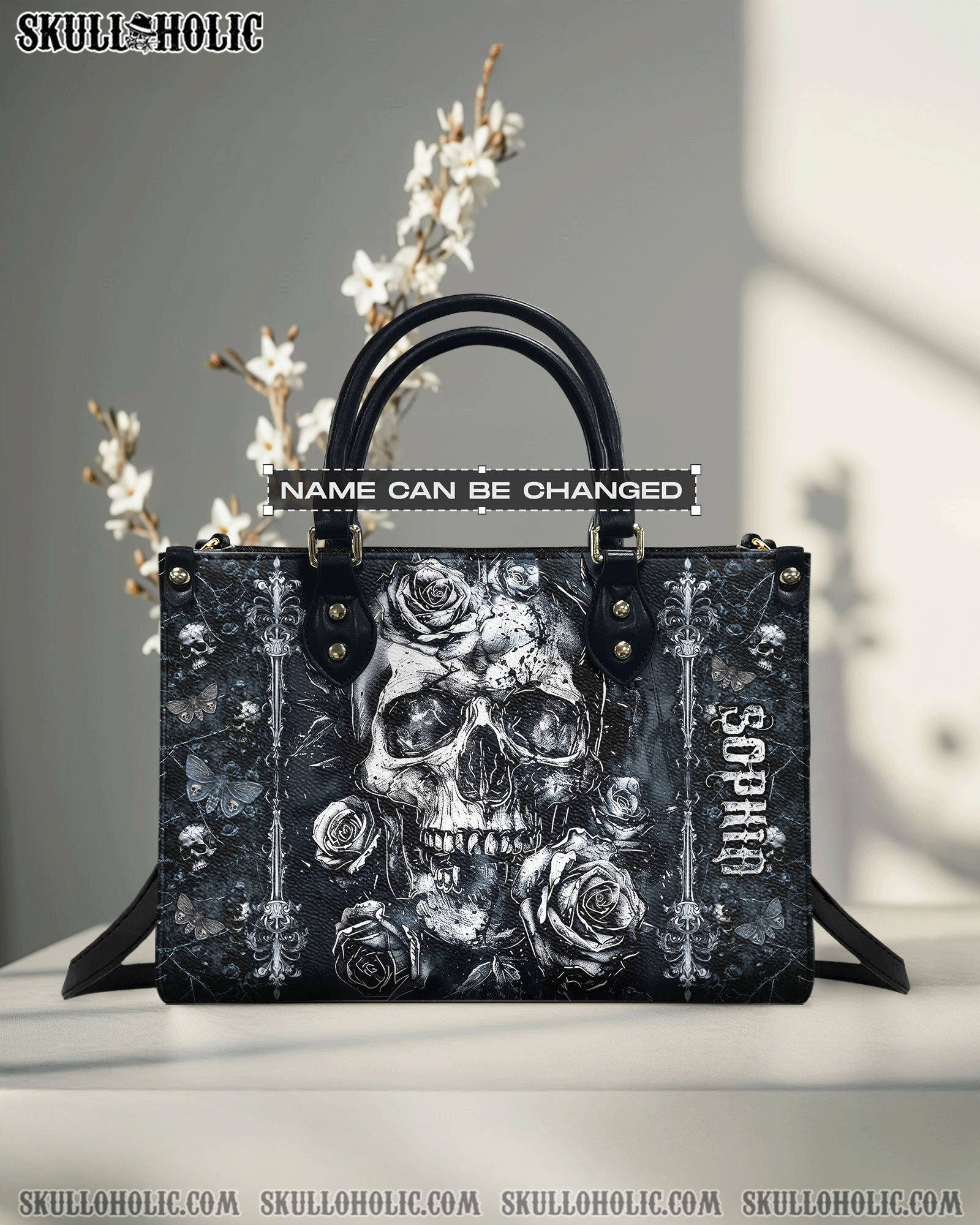 BLISSCORNERS PERSONALIZED SKULL ROSE LEATHER HANDBAG