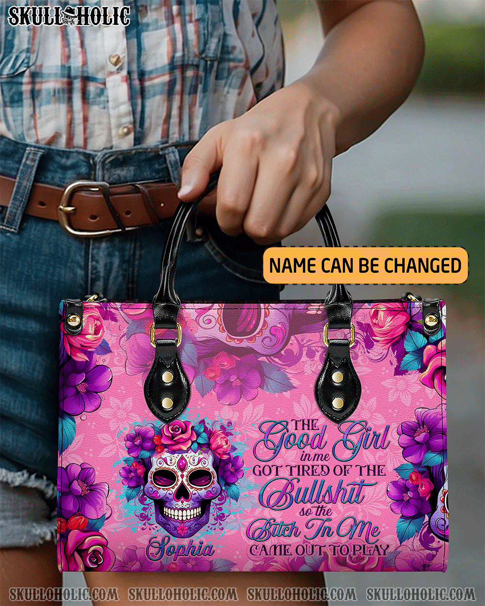 BLISSCORNERS THE GOOD GIRL IN ME SUGAR SKULL LEATHER HANDBAG