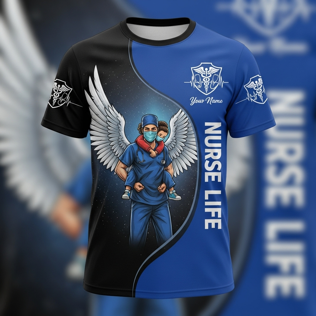 Blisscorners Personalized Nurse Life T-Shirt - Angel Wings & Child Healthcare Hero