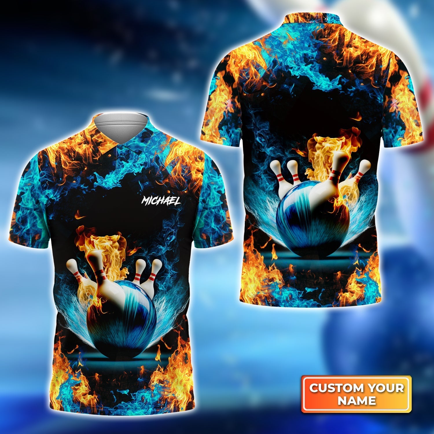 Blisscorners Blue Bowling Ball And Pins On Fire Customized Name All Over Printed Shirt