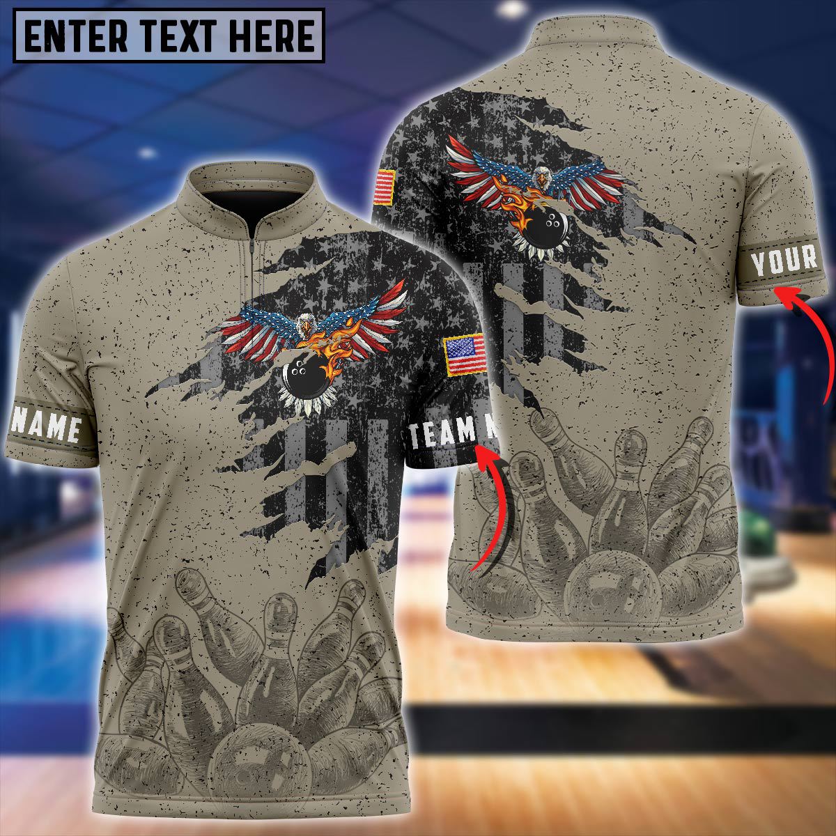 Blisscorners Bowling And Pins Eagle Retro American Flag Pattern Customized Name 3D Shirt