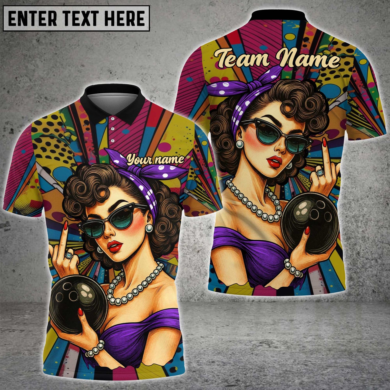 Blisscorners Bowling Retro Pin-Up Girl Multicolor Customized Name Team Name 3D Shirts