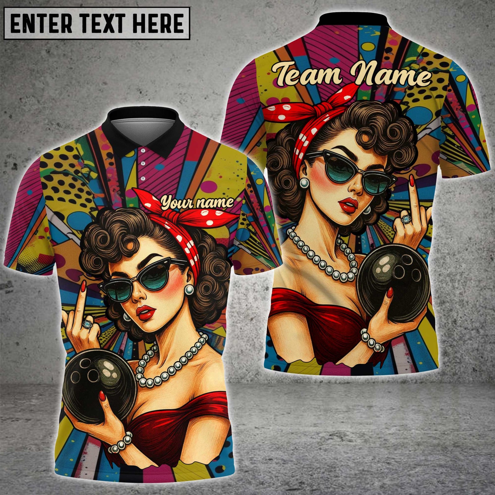 Blisscorners Bowling Retro Pin-Up Girl Multicolor Customized Name Team Name 3D Shirts