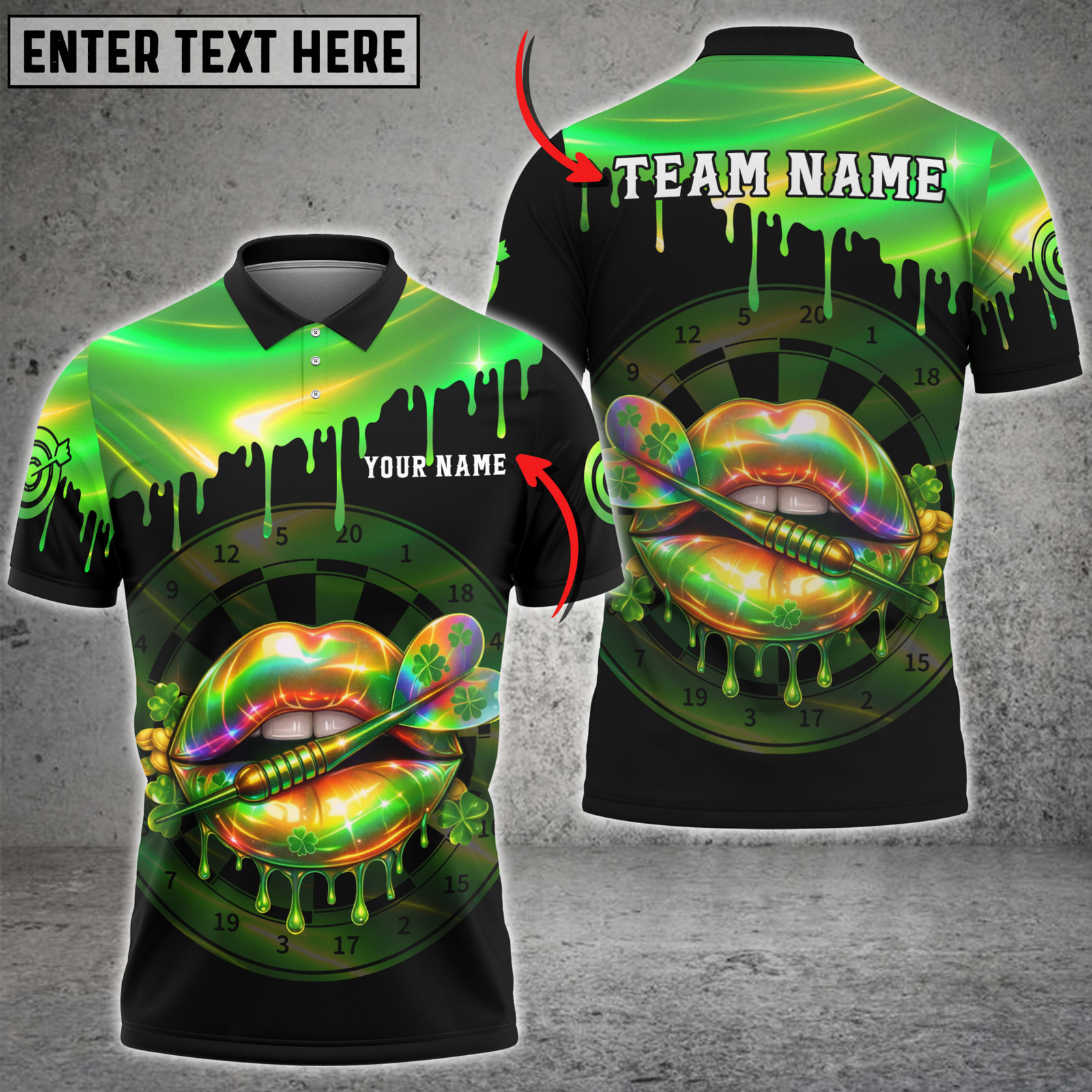 Blisscorners Darts Neon Shamrock Lips Dartboard Personalized Name 3D Unisex Shirt