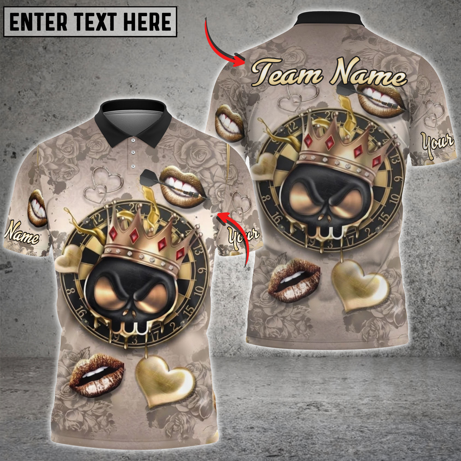 Blisscorners Darts Gold Skull Crown Dartboard Roses Heart Personalized Name, Team Name 3D Shirt
