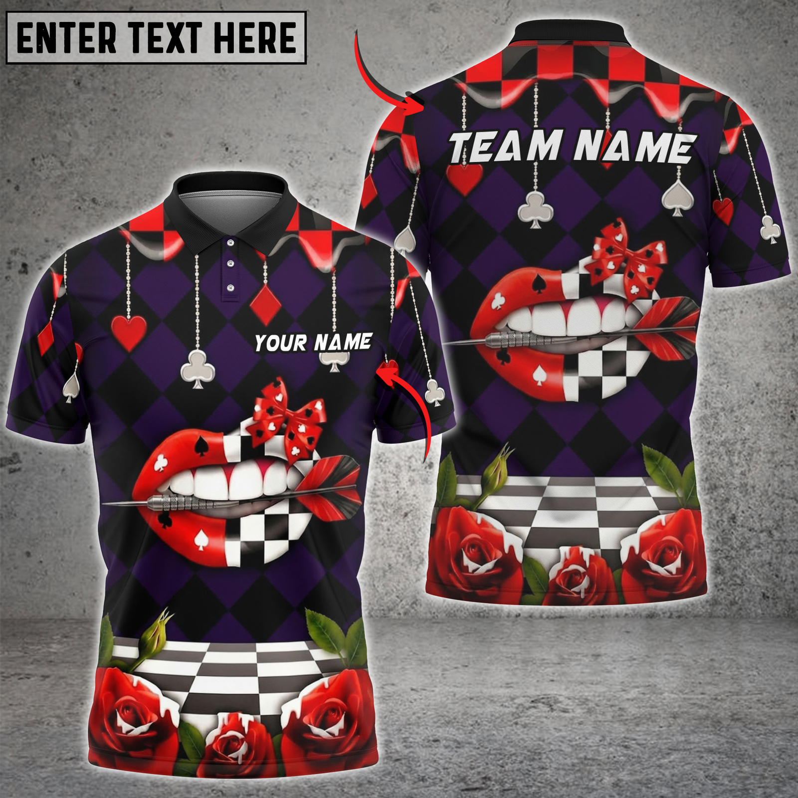 Blisscorners Darts Card Suit Harlequin Roses Lips Dart Personalized Name, Team Name 3D Shirt