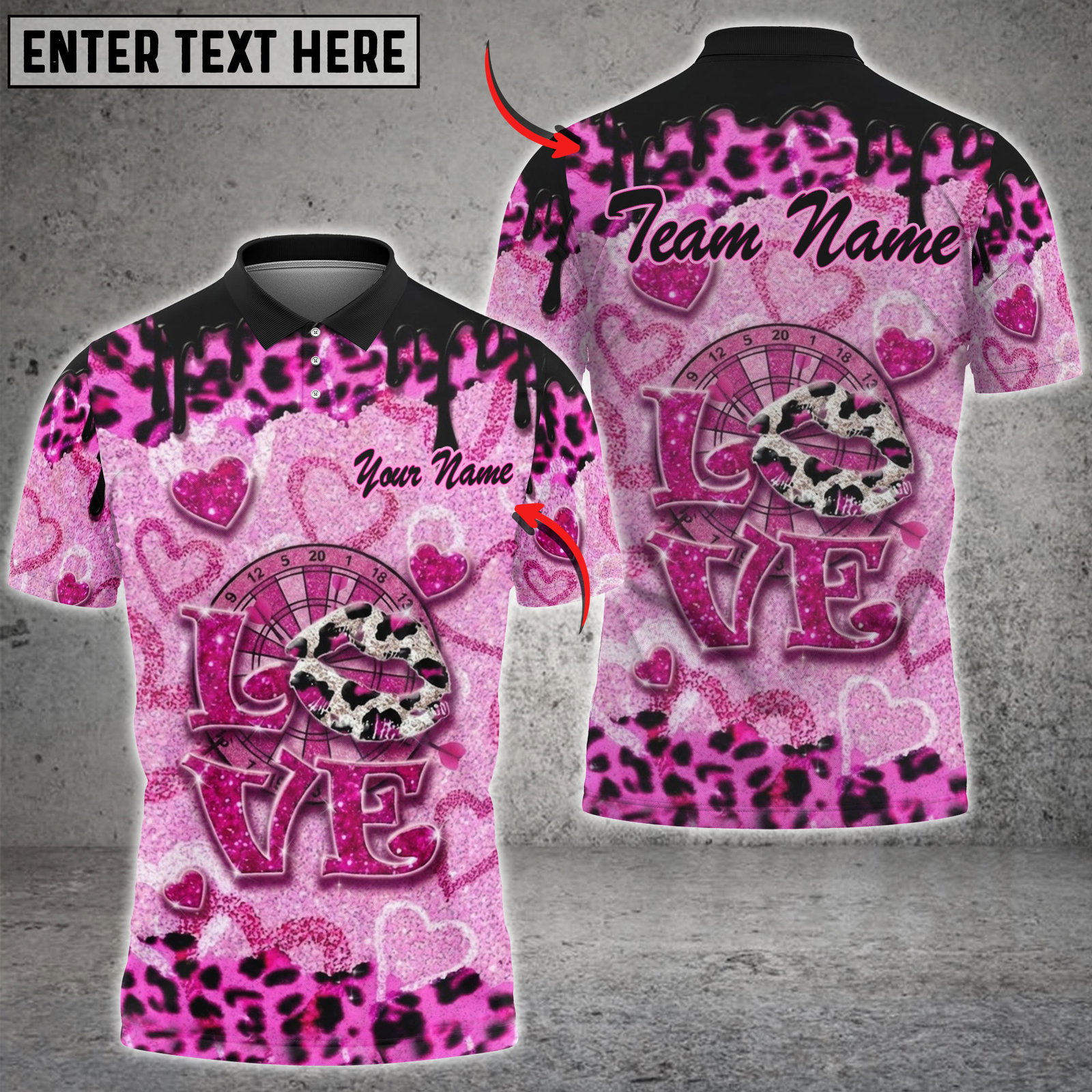 Blisscorners Darts Pink Love Leopard Hearts Drip Lips Dartboard Personalized Name, Team Name 3D Shirt
