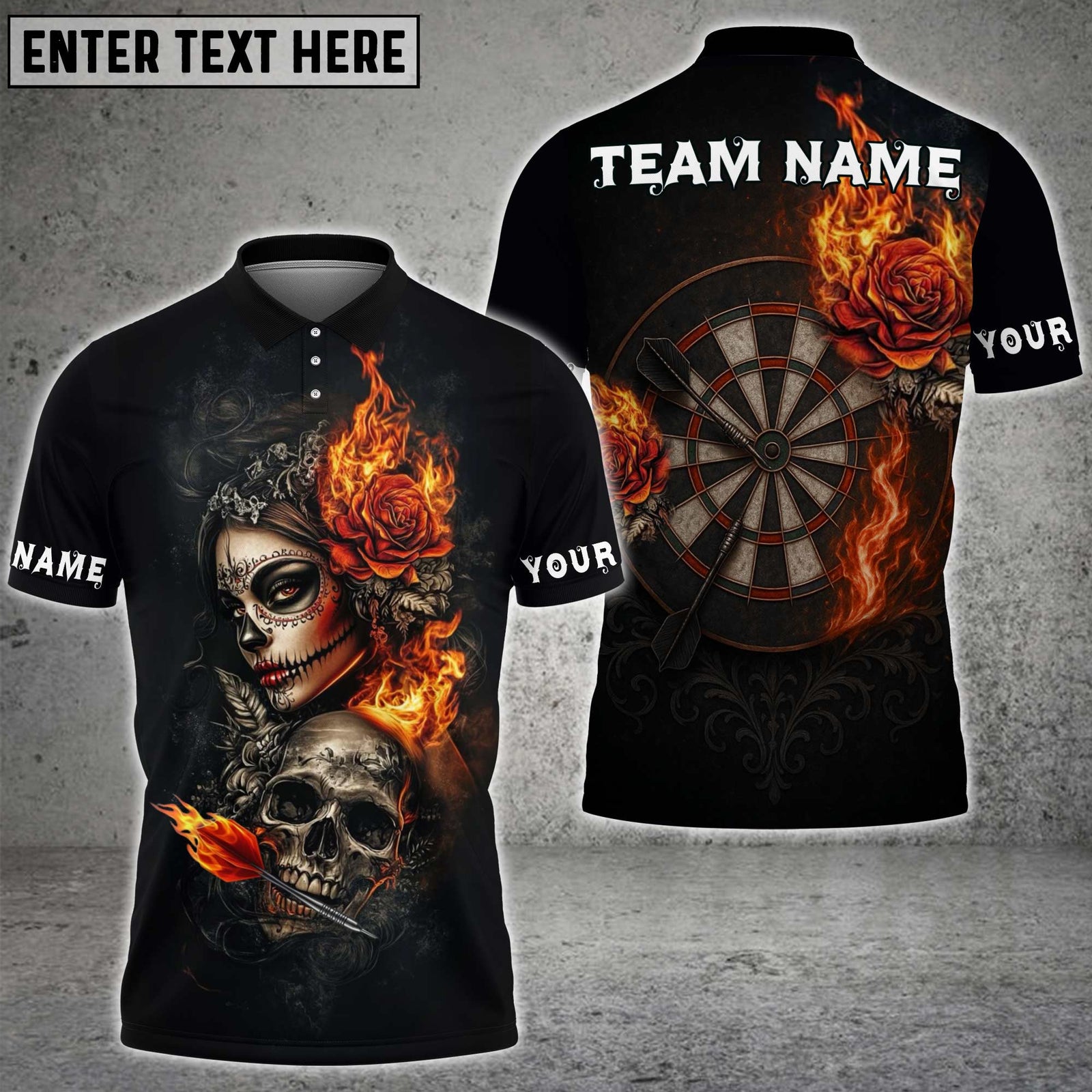 Blisscorners Darts Skull and Rose Flame Design Multicolor Customized Name, Team Name 3D Shirts