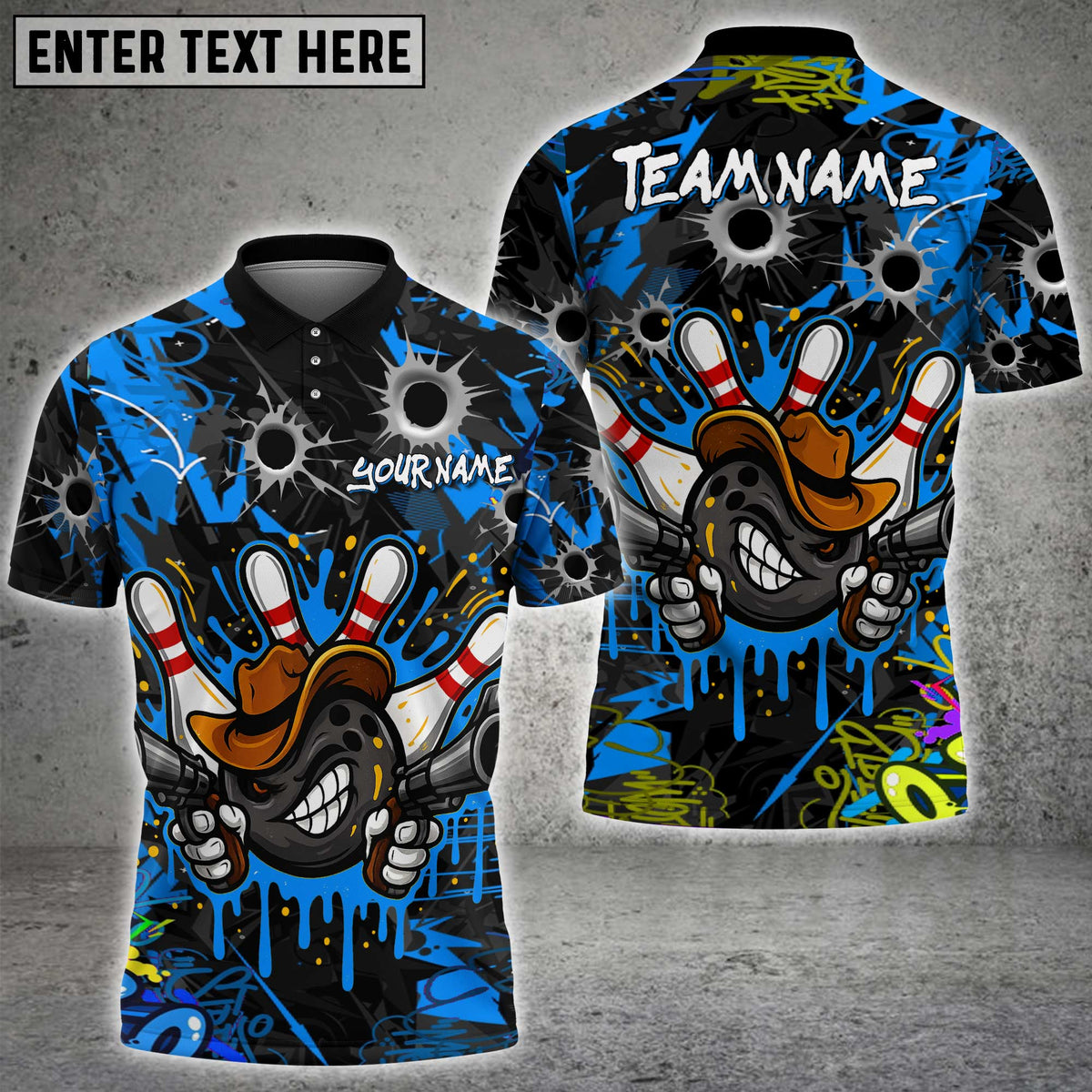 Blisscorners Graffiti Cowboy Bowling Jersey with Bullet Holes Multicolor Customized Name, Team Name 3D Shirts