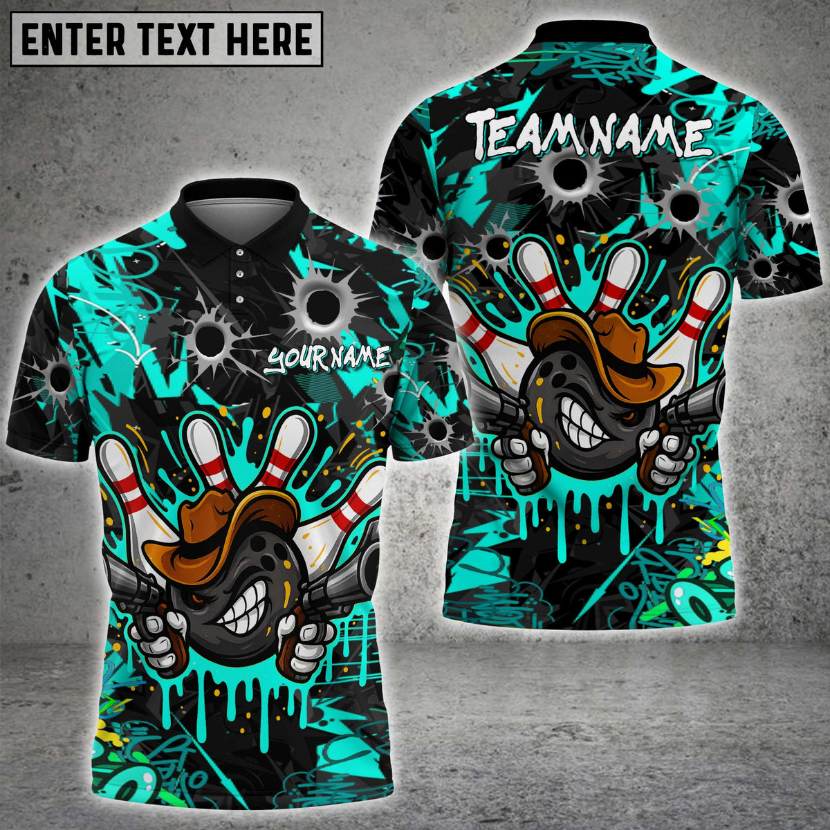 Blisscorners Graffiti Cowboy Bowling Jersey with Bullet Holes Multicolor Customized Name, Team Name 3D Shirts
