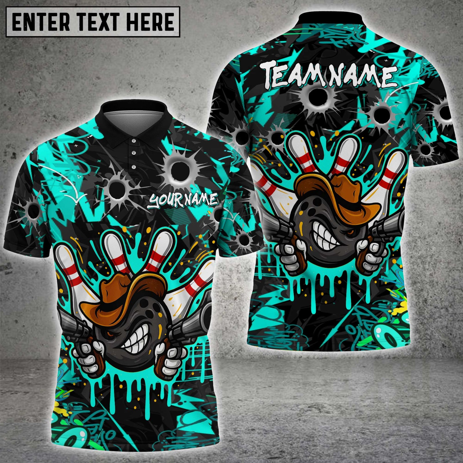 Blisscorners Graffiti Cowboy Bowling Jersey with Bullet Holes Multicolor Customized Name, Team Name 3D Shirts