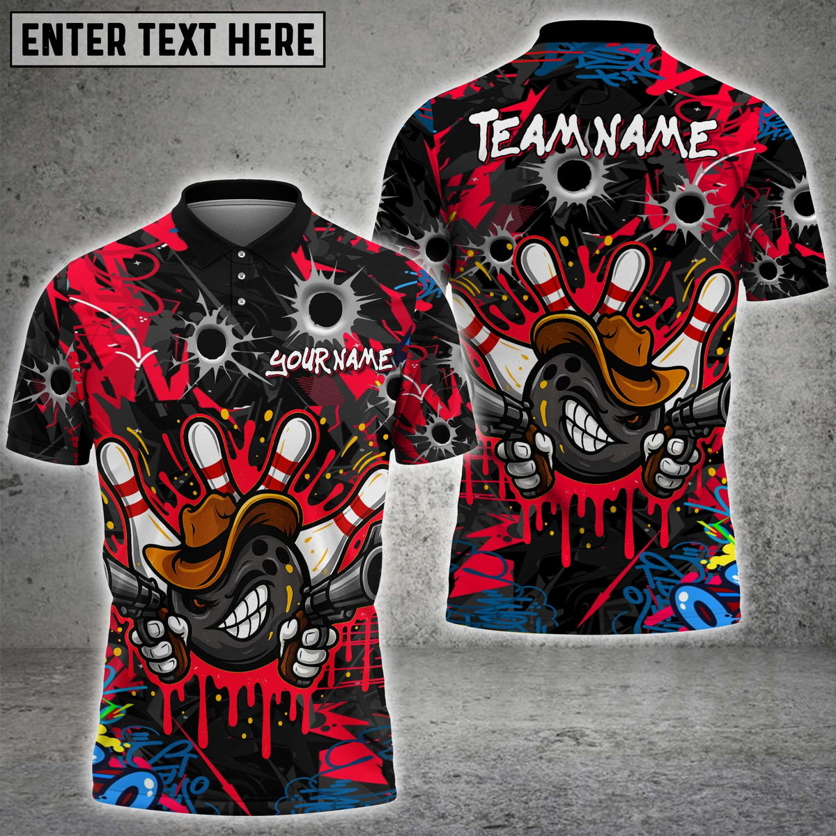 Blisscorners Graffiti Cowboy Bowling Jersey with Bullet Holes Multicolor Customized Name, Team Name 3D Shirts