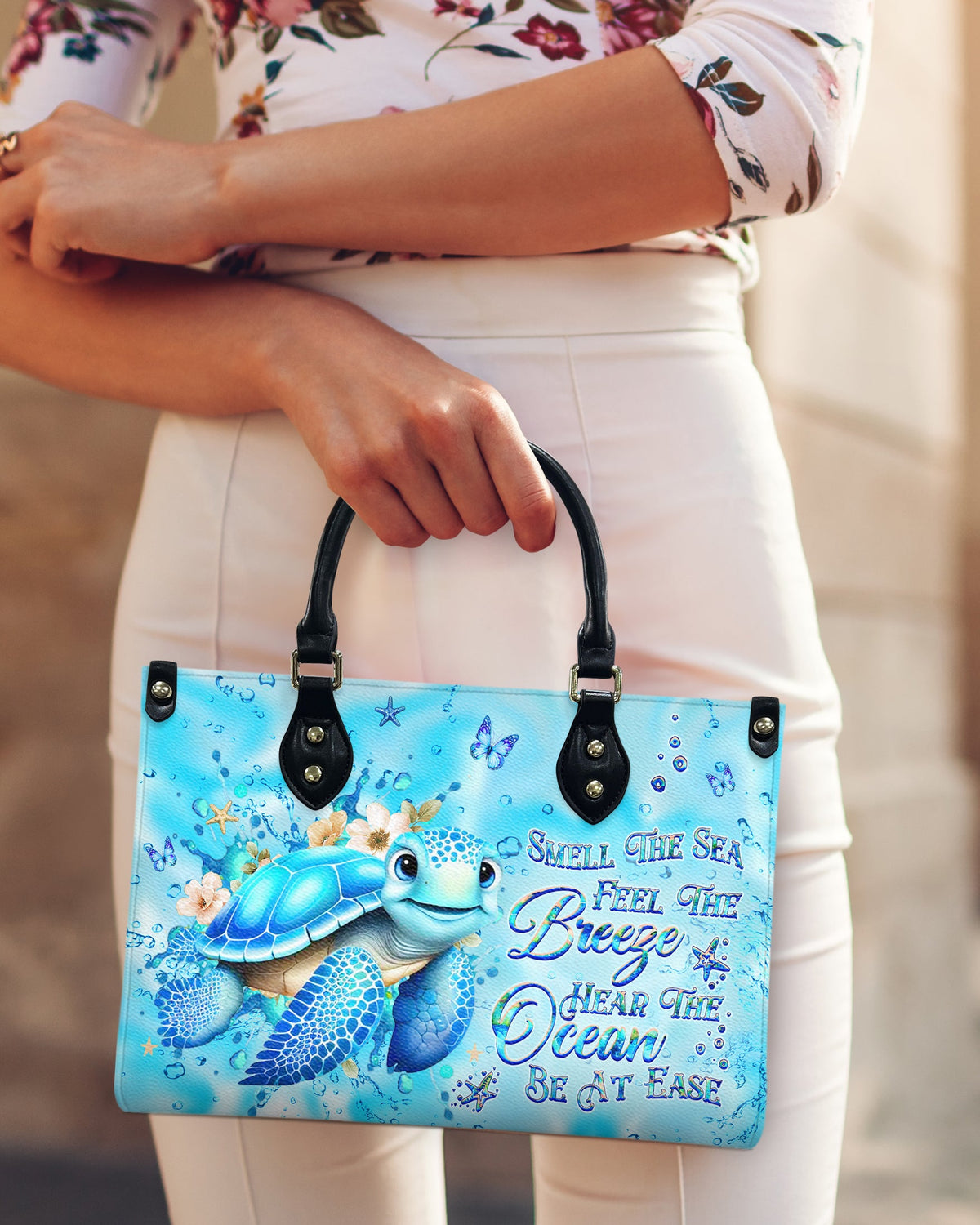 BLISSCORNERS SMELL THE SEA FEEL THE BREEZE TURTLE LEATHER HANDBAG