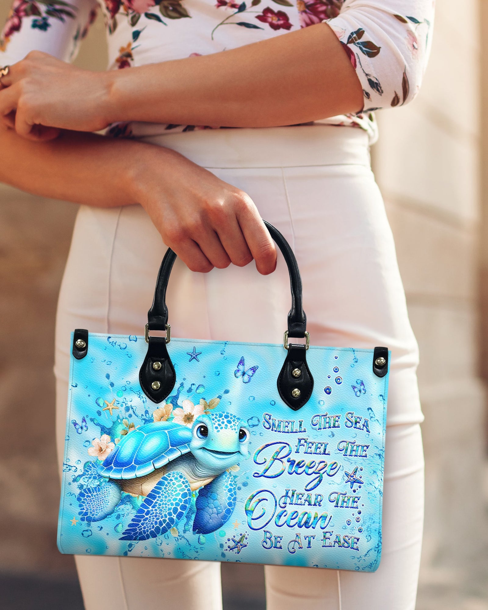 BLISSCORNERS SMELL THE SEA FEEL THE BREEZE TURTLE LEATHER HANDBAG