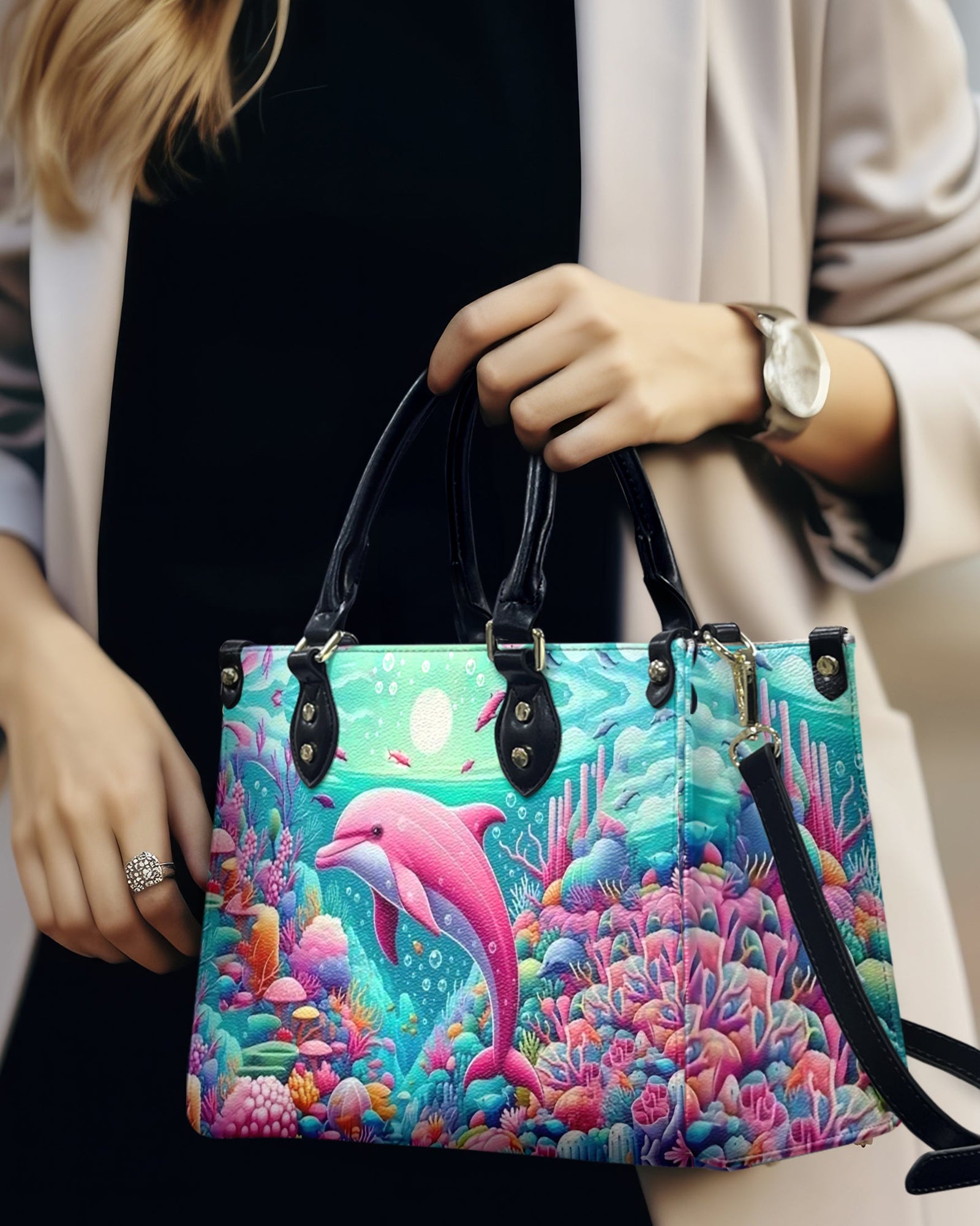 BLISSCORNERS DOLPHIN IN THE OCEAN LEATHER HANDBAG