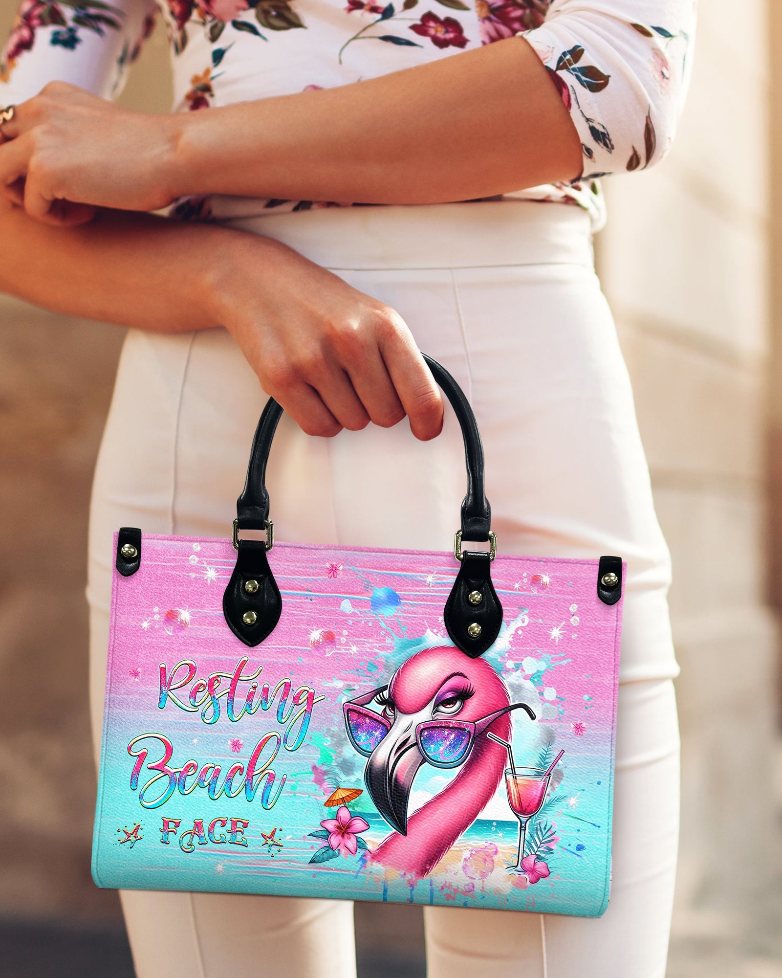 BLISSCORNERS RESTING BEACH FACE FLAMINGO LEATHER HANDBAG