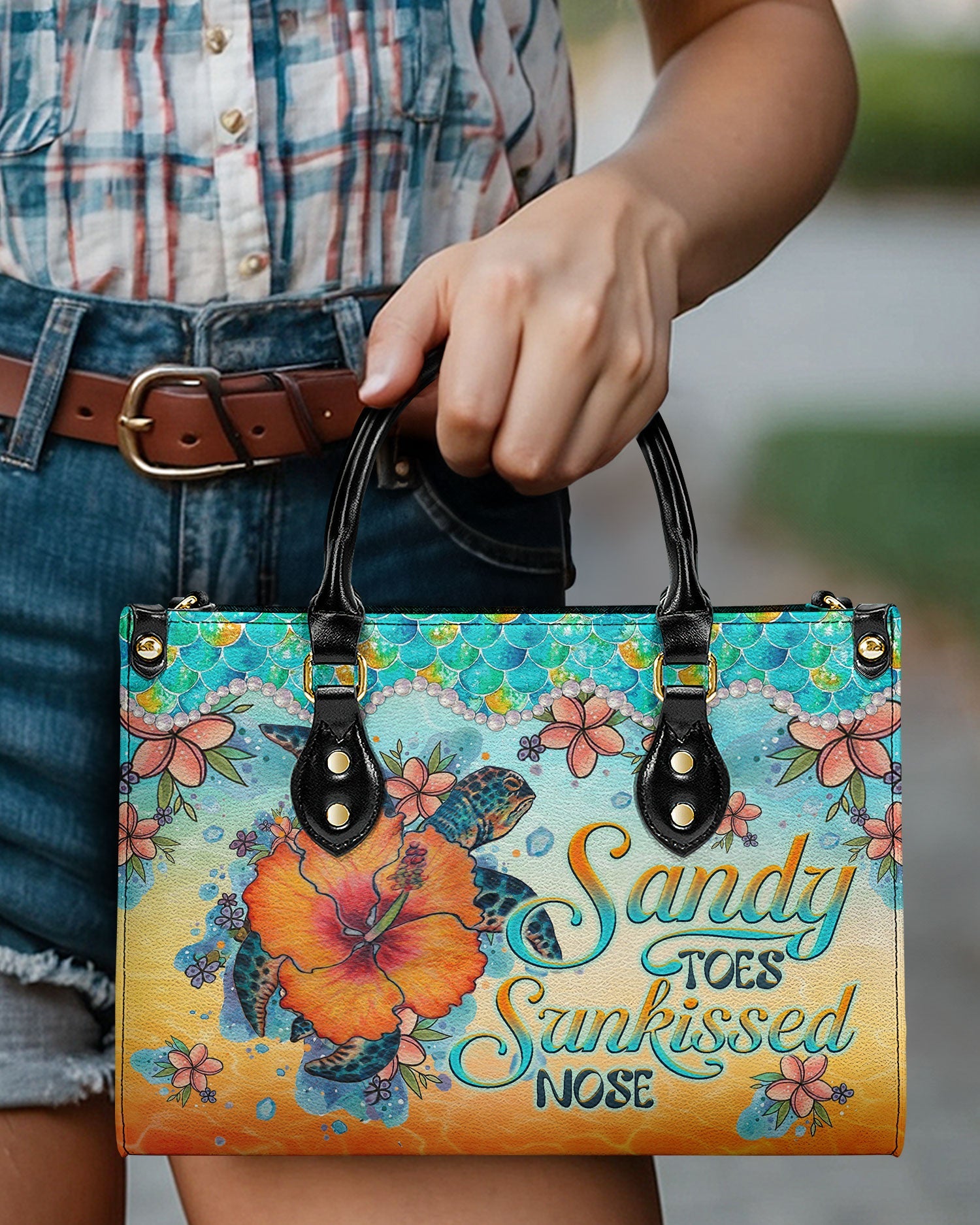 BLISSCORNERS SANDY TOES SUNKISSED NOSE TURTLE HIBISCUS LEATHER HANDBAG