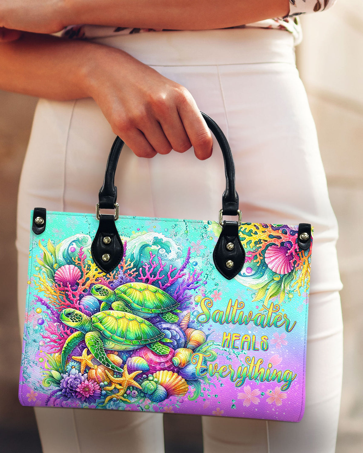 BLISSCORNERS SALTWATER HEALS EVERYTHING TURTLE LEATHER HANDBAG
